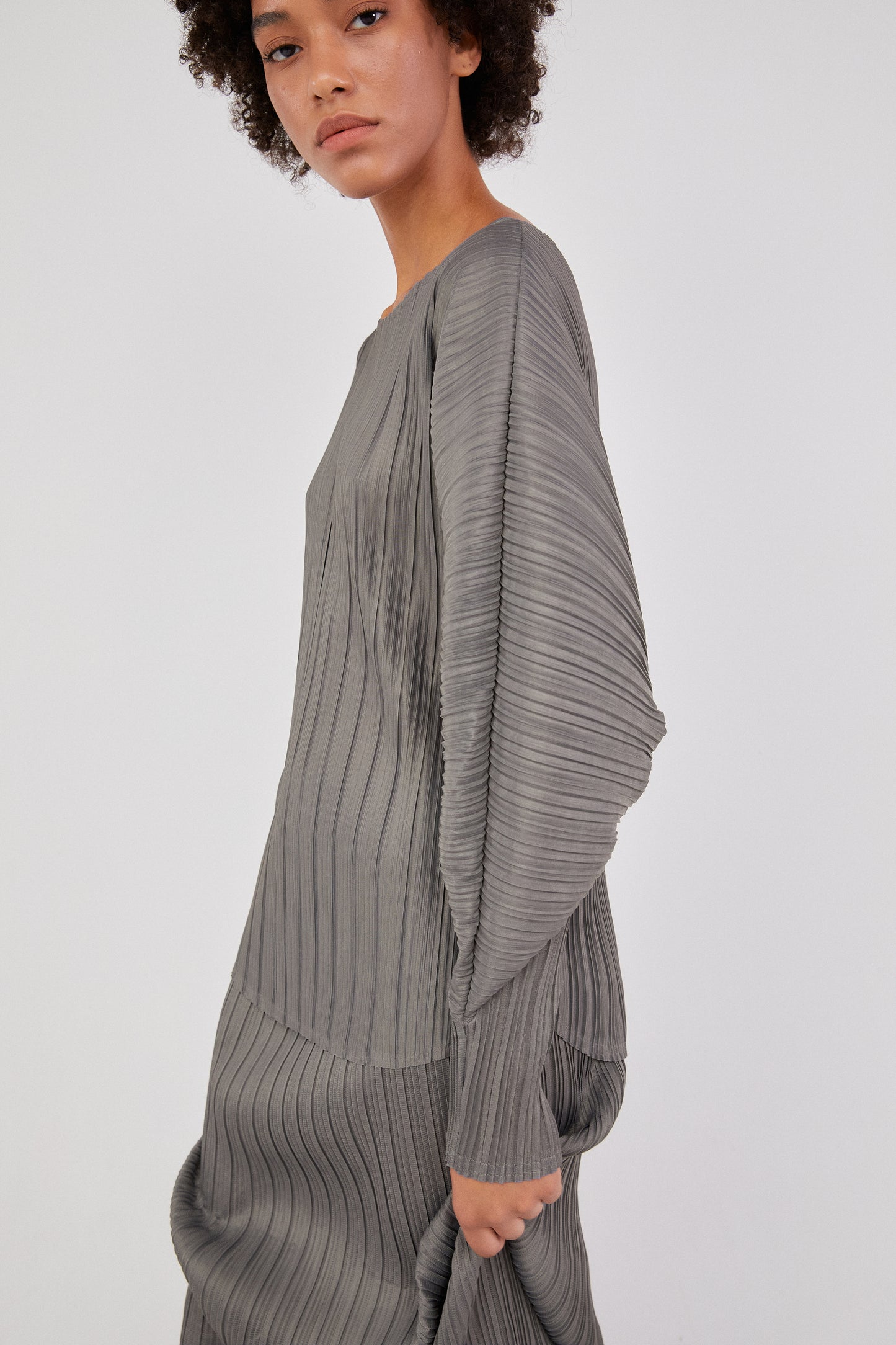 Pleated Cocoon Blouse, Steel Grey