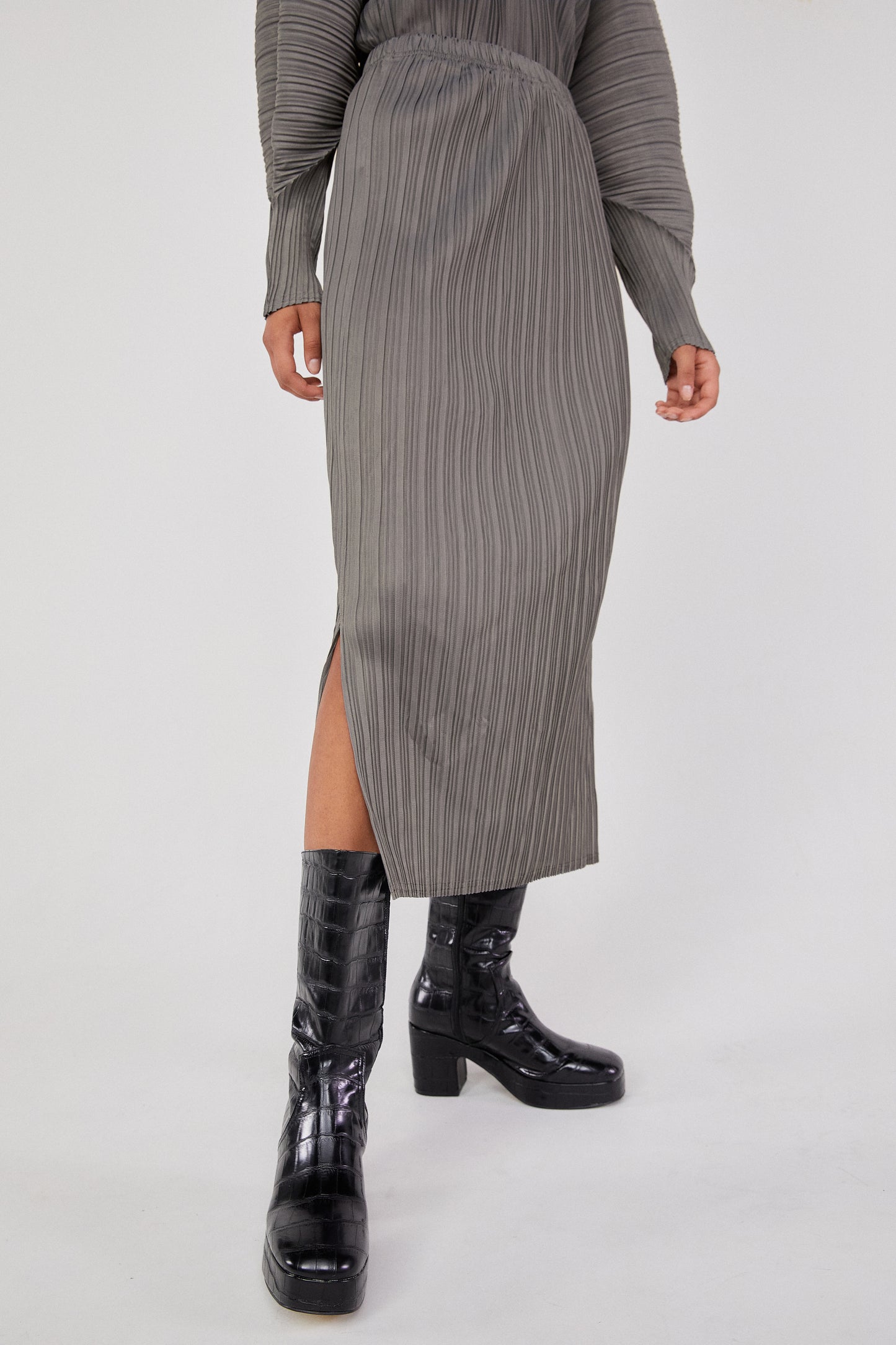 Pleated Stretchy Jersey Skirt, Steel Grey