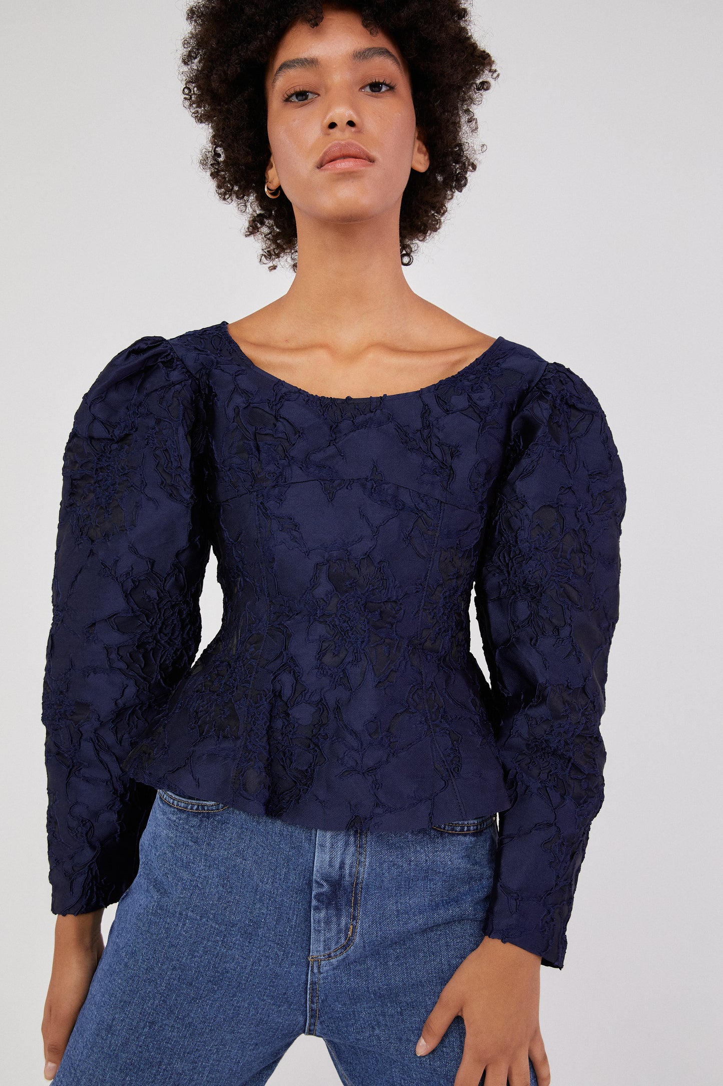Jacquard Puff Sleeved Blouse, Navy