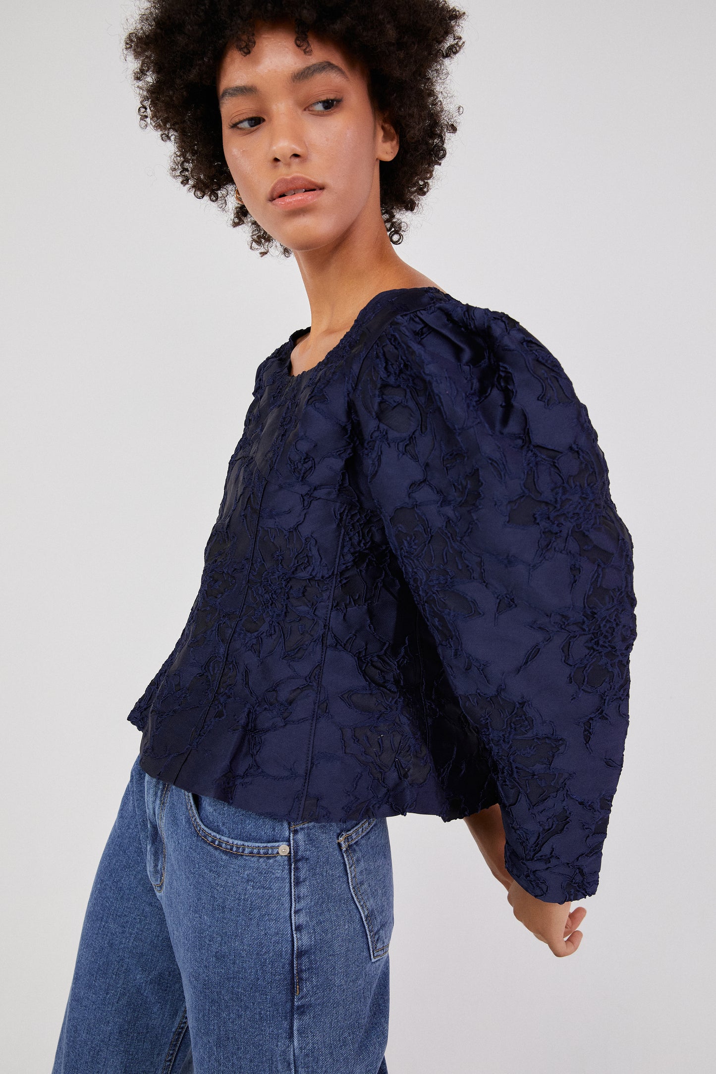 Jacquard Puff Sleeved Blouse, Navy
