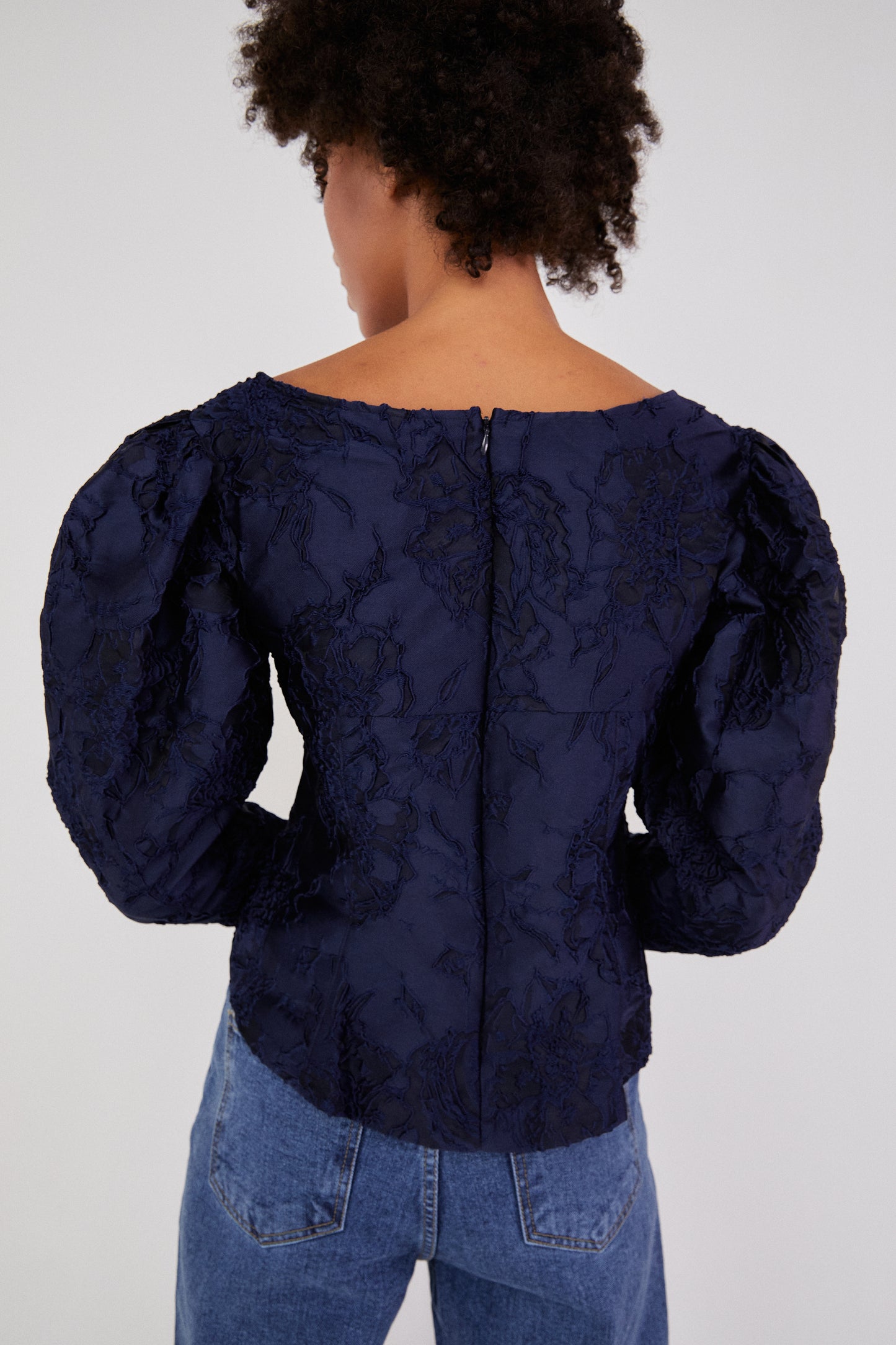 Jacquard Puff Sleeved Blouse, Navy
