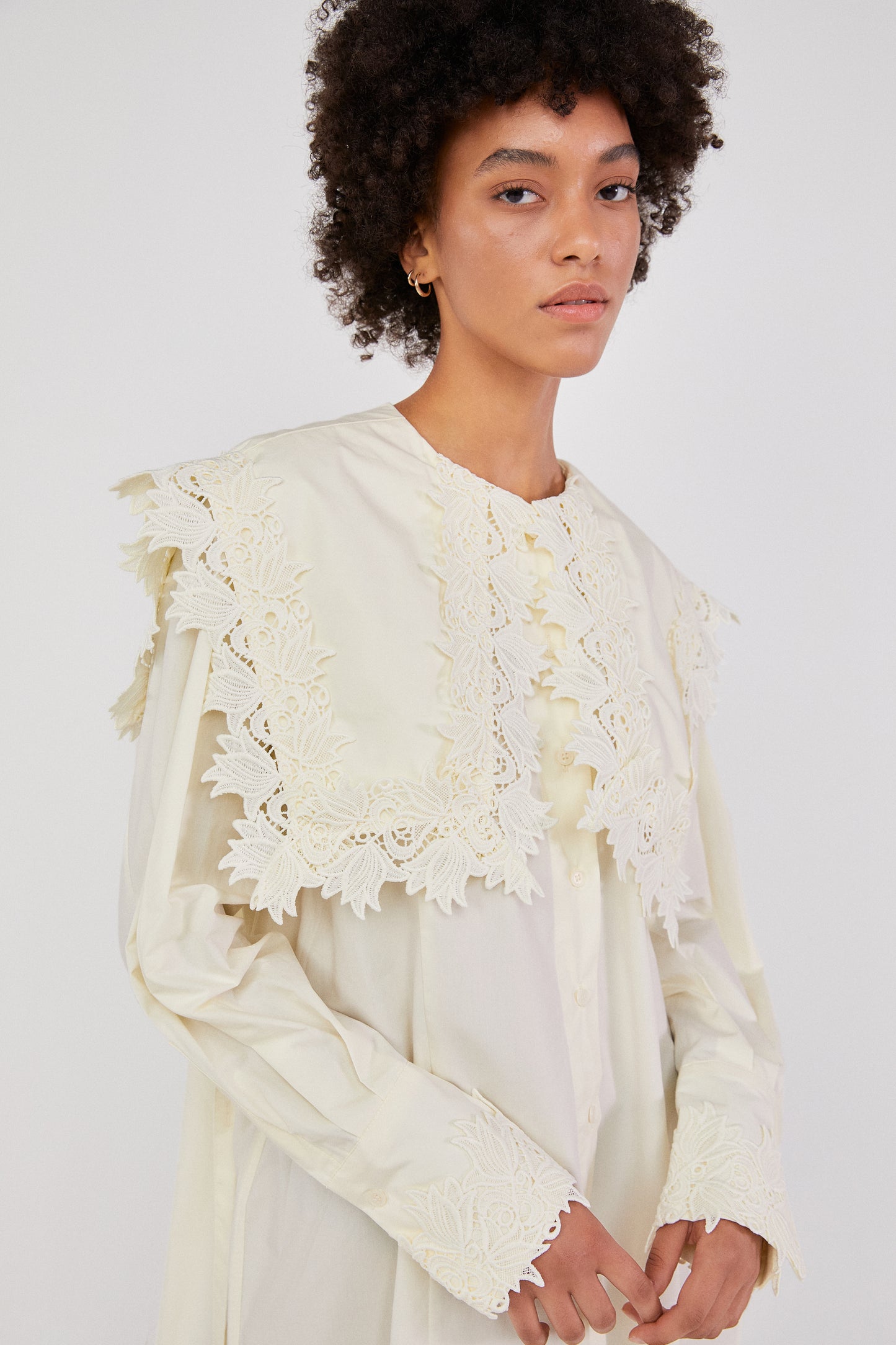 Wide Lace Collar Shirt Dress, Cream Yellow
