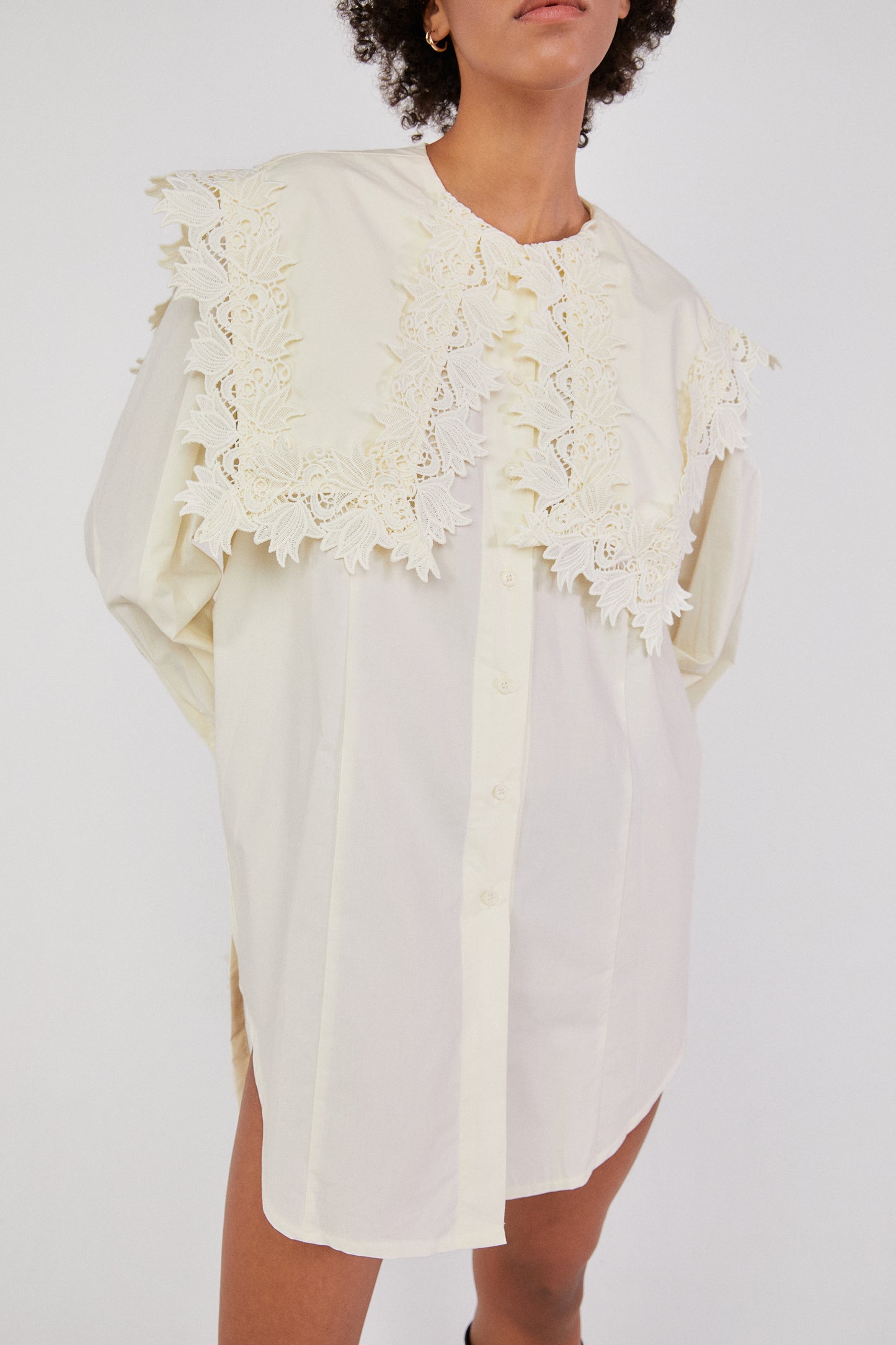 Wide Lace Collar Shirt Dress, Cream Yellow