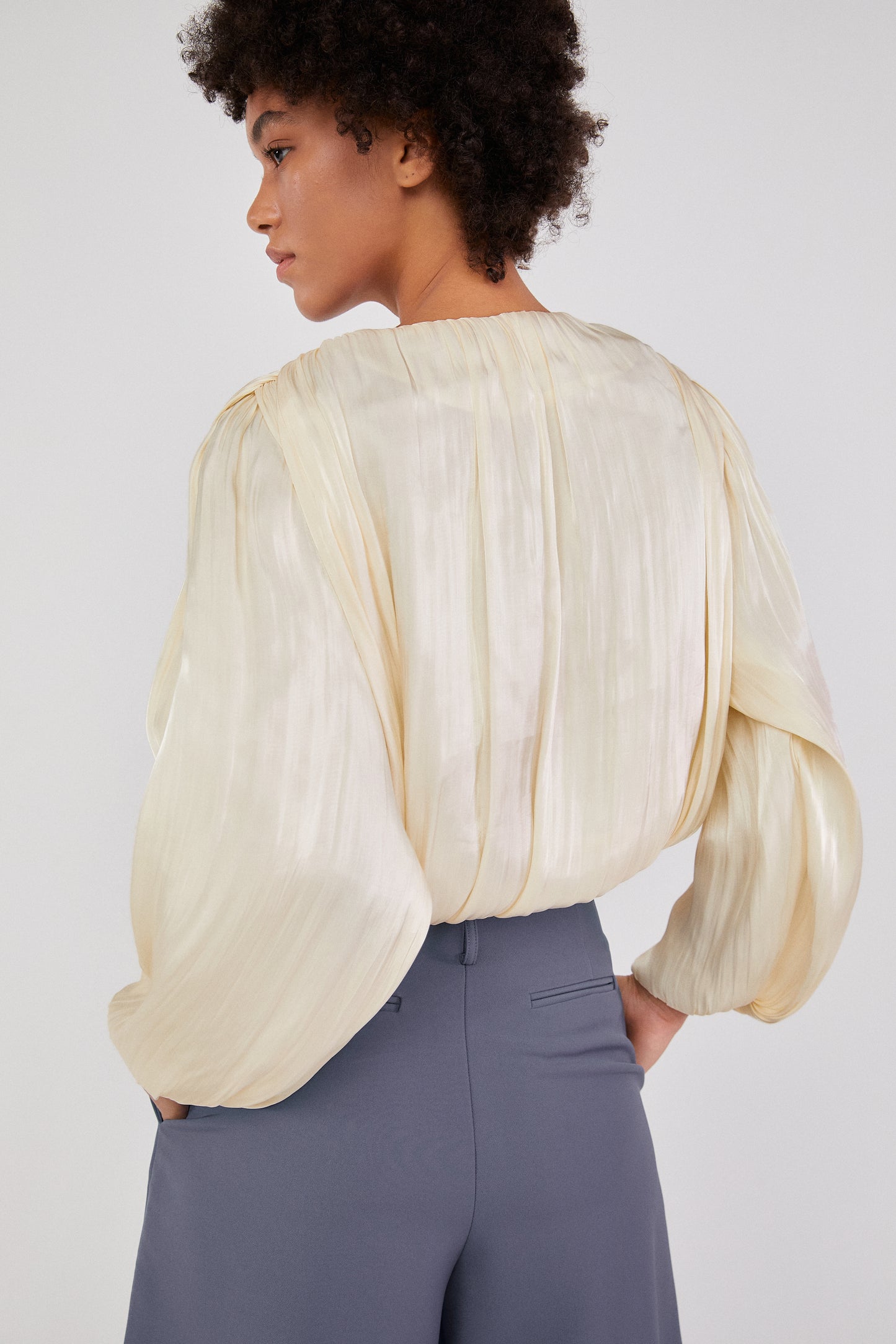 Pleated Flowy Satin Blouse, Cream