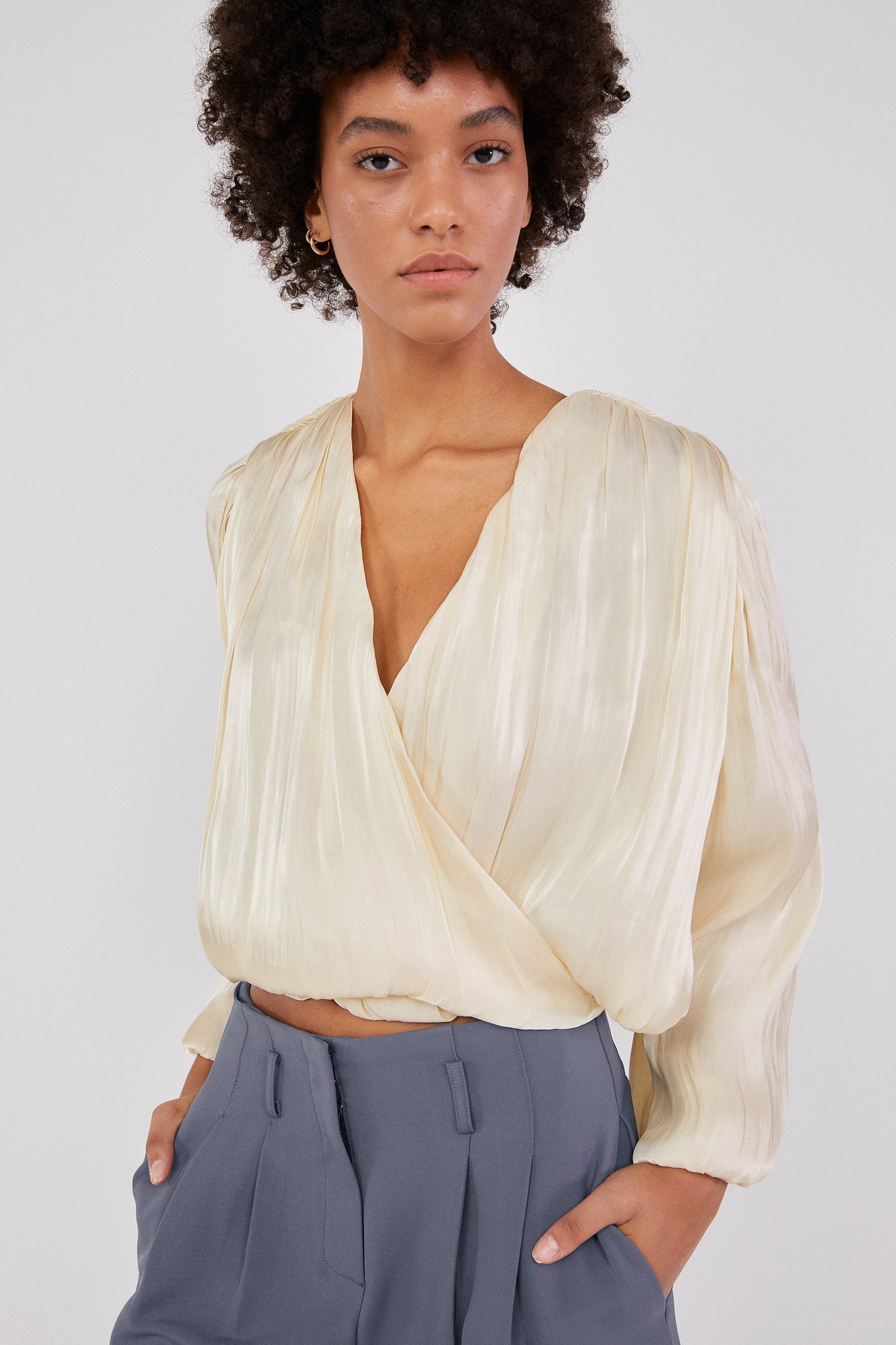 Pleated Flowy Satin Blouse, Cream