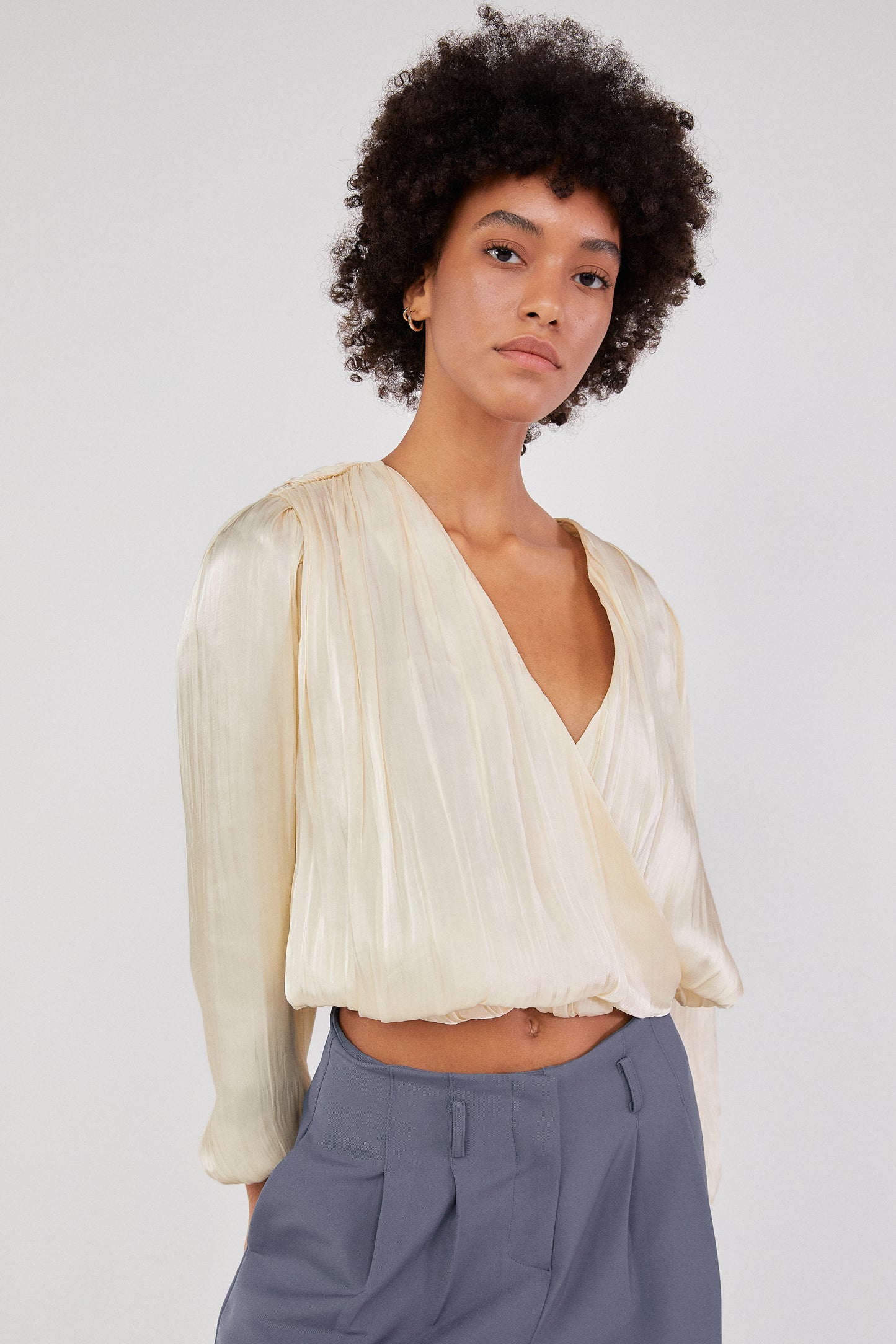 Pleated Flowy Satin Blouse, Cream