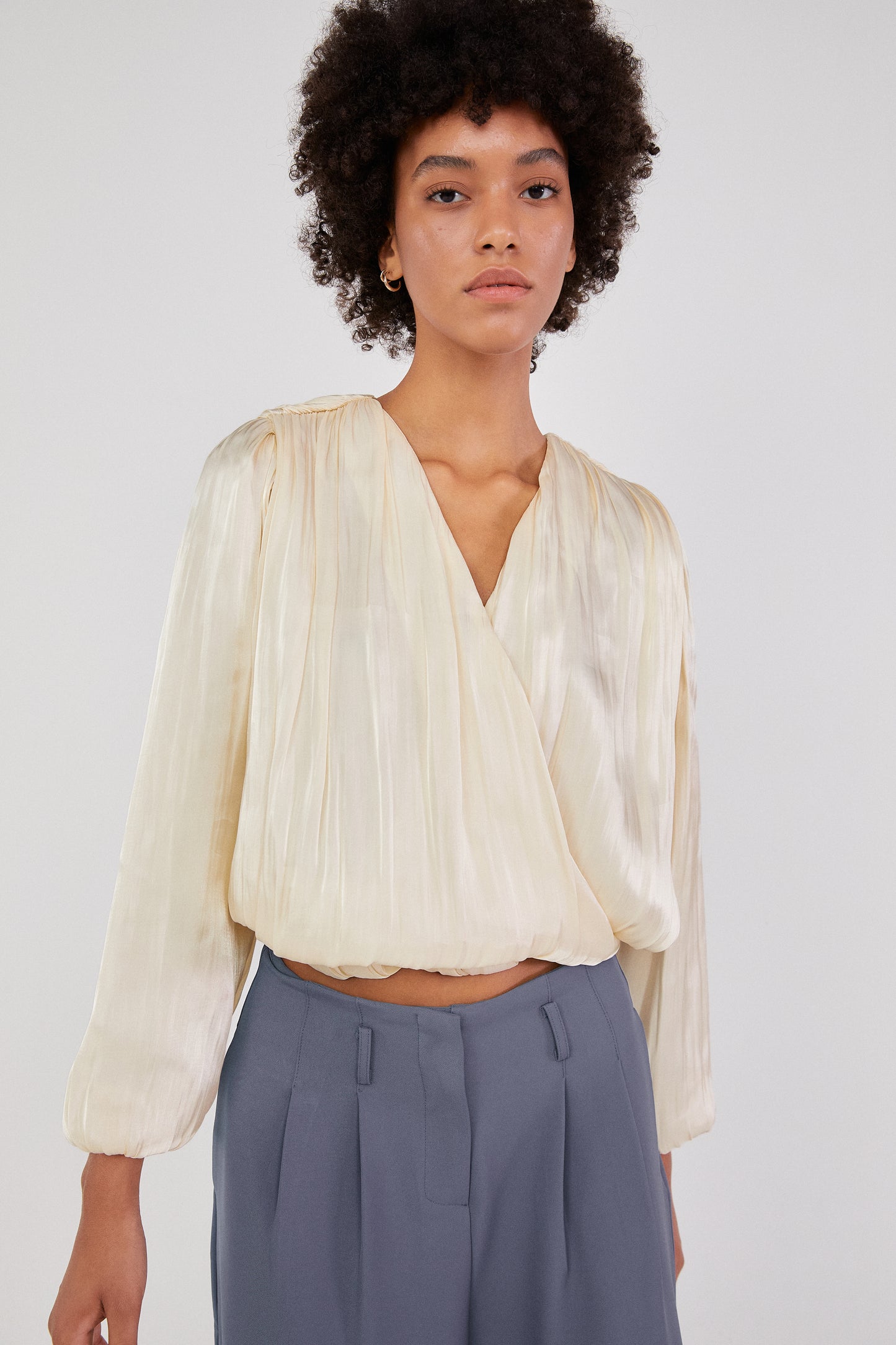 Pleated Flowy Satin Blouse, Cream