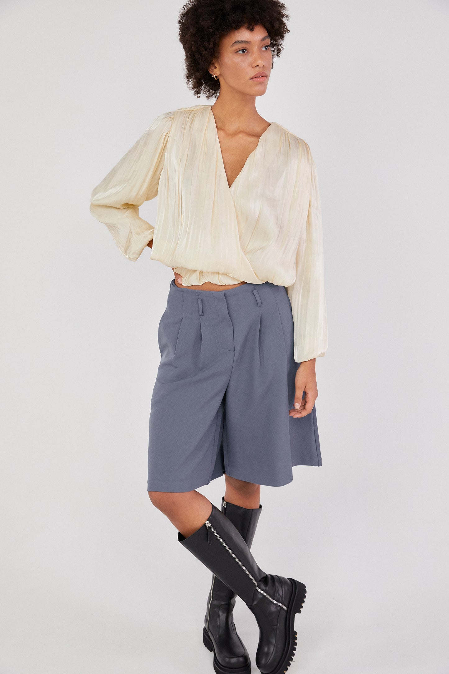Pleated Flowy Satin Blouse, Cream