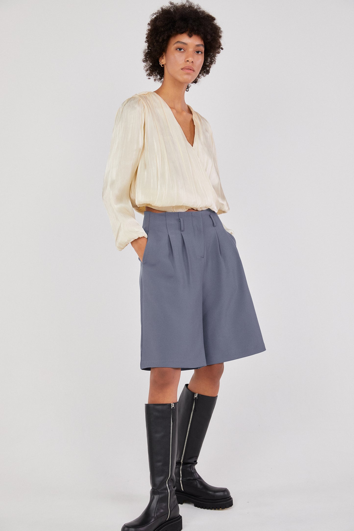 Pleated Flowy Satin Blouse, Cream