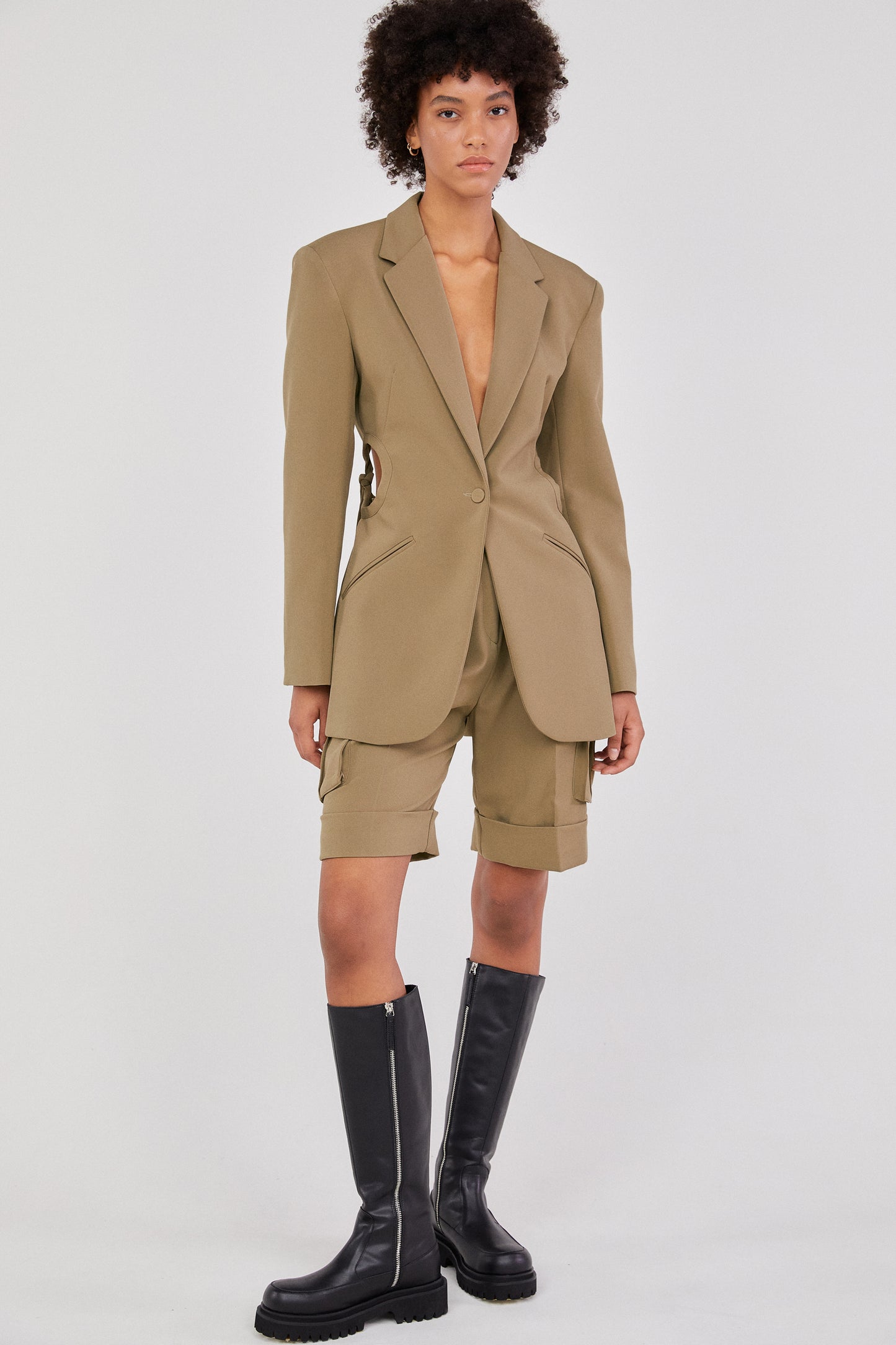Cut Out Tied Hole Blazer Jacket, Khaki