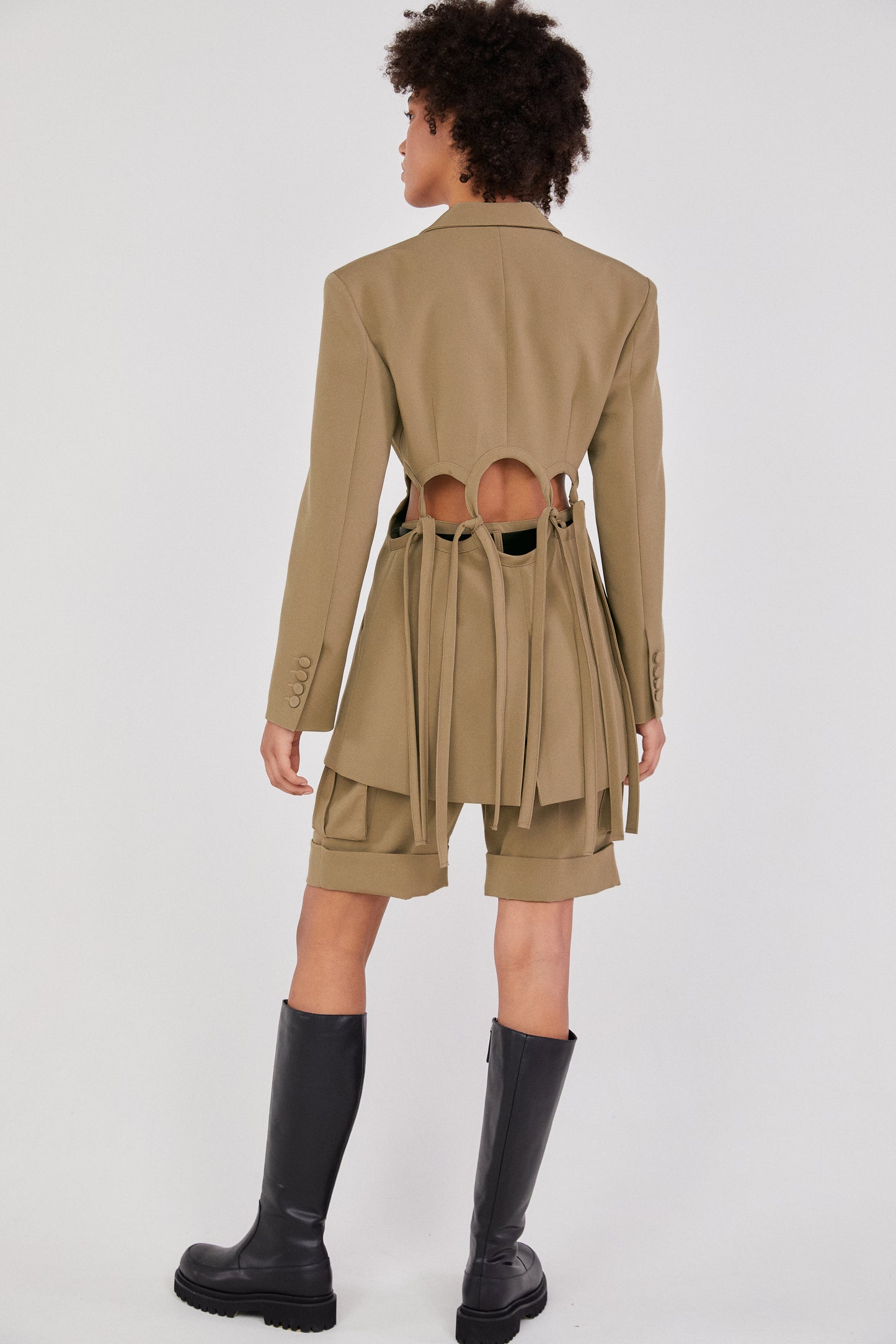 Cut Out Tied Hole Blazer Jacket, Khaki