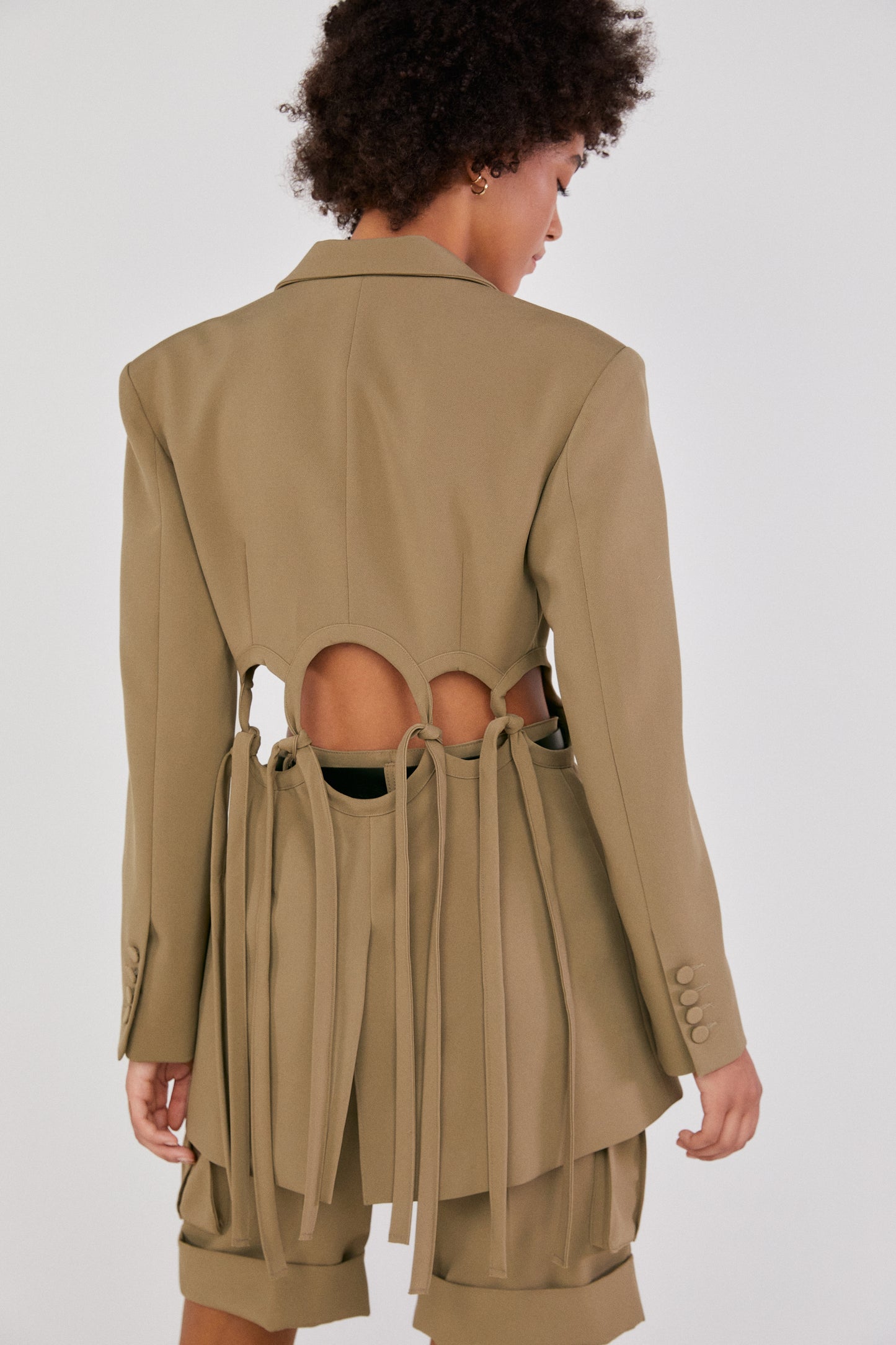 Cut Out Tied Hole Blazer Jacket, Khaki