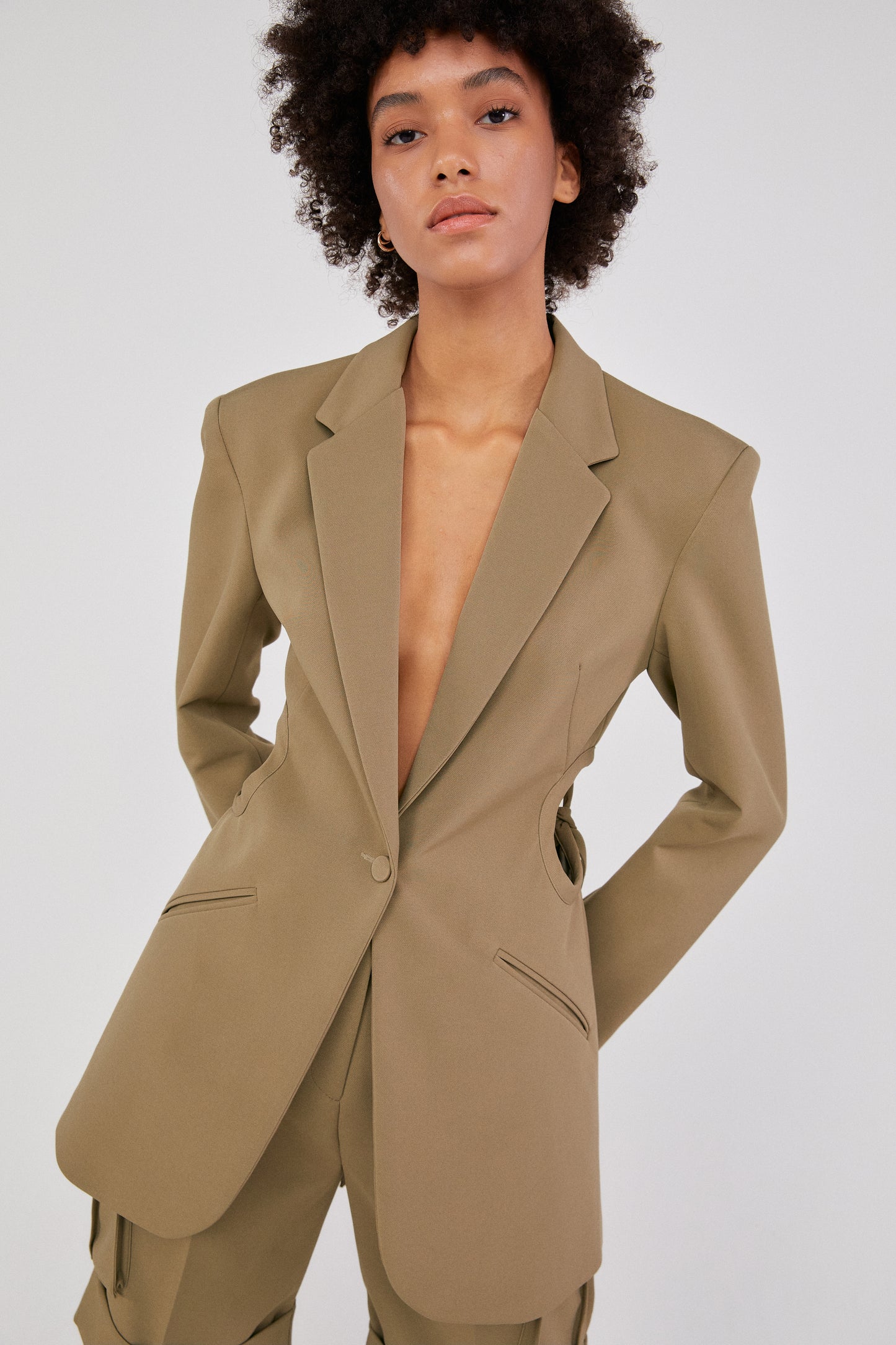 Cut Out Tied Hole Blazer Jacket, Khaki