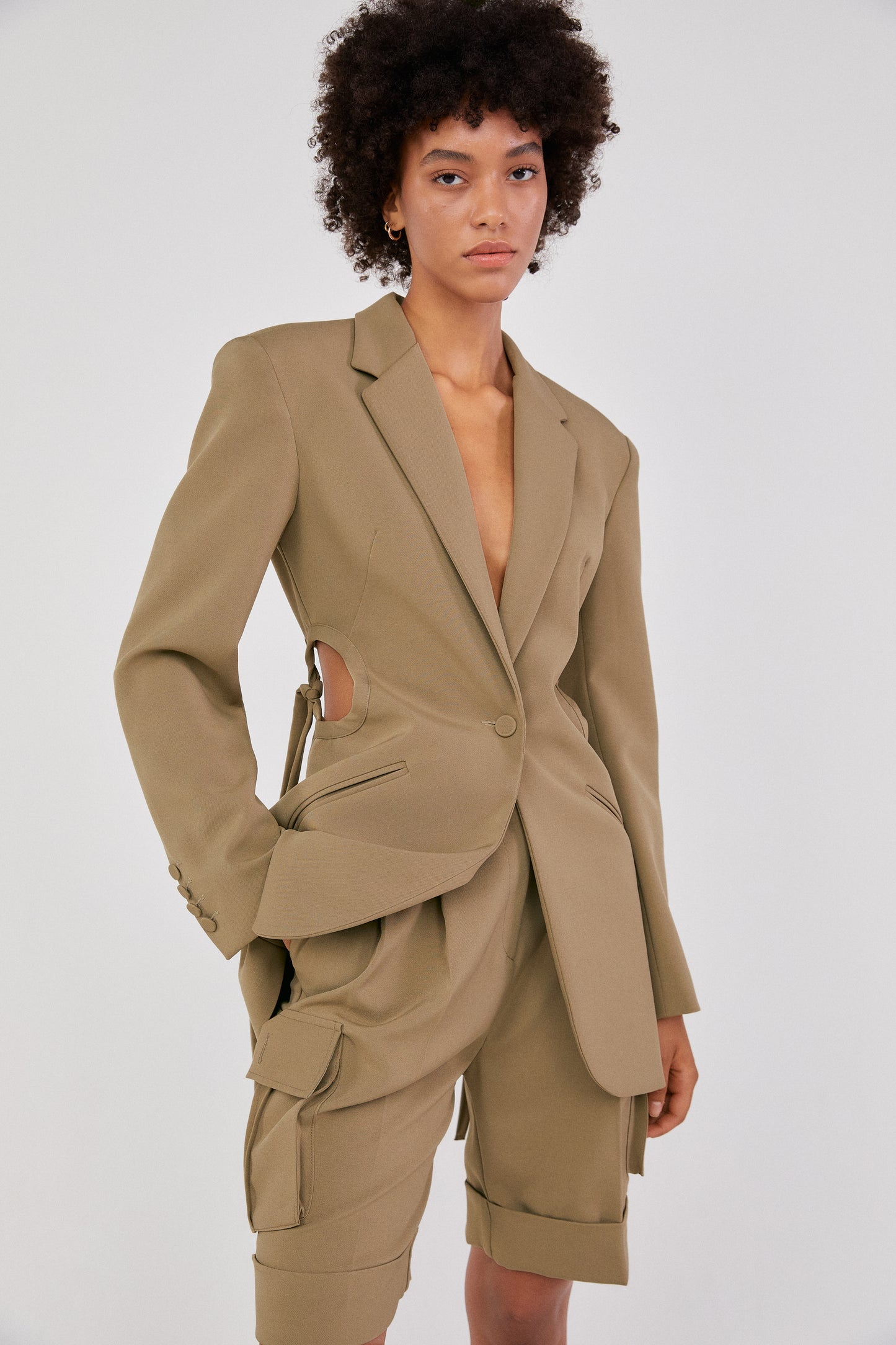 Cut Out Tied Hole Blazer Jacket, Khaki