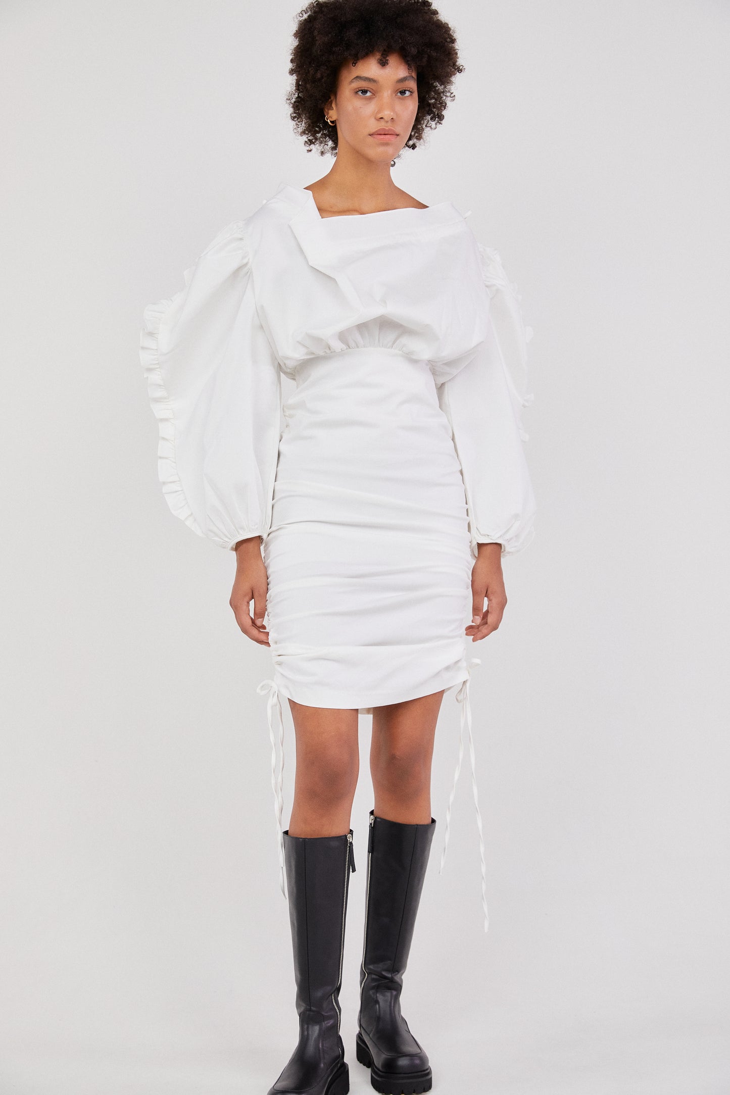 Ruffle Sleeve Drawstring Dress, White