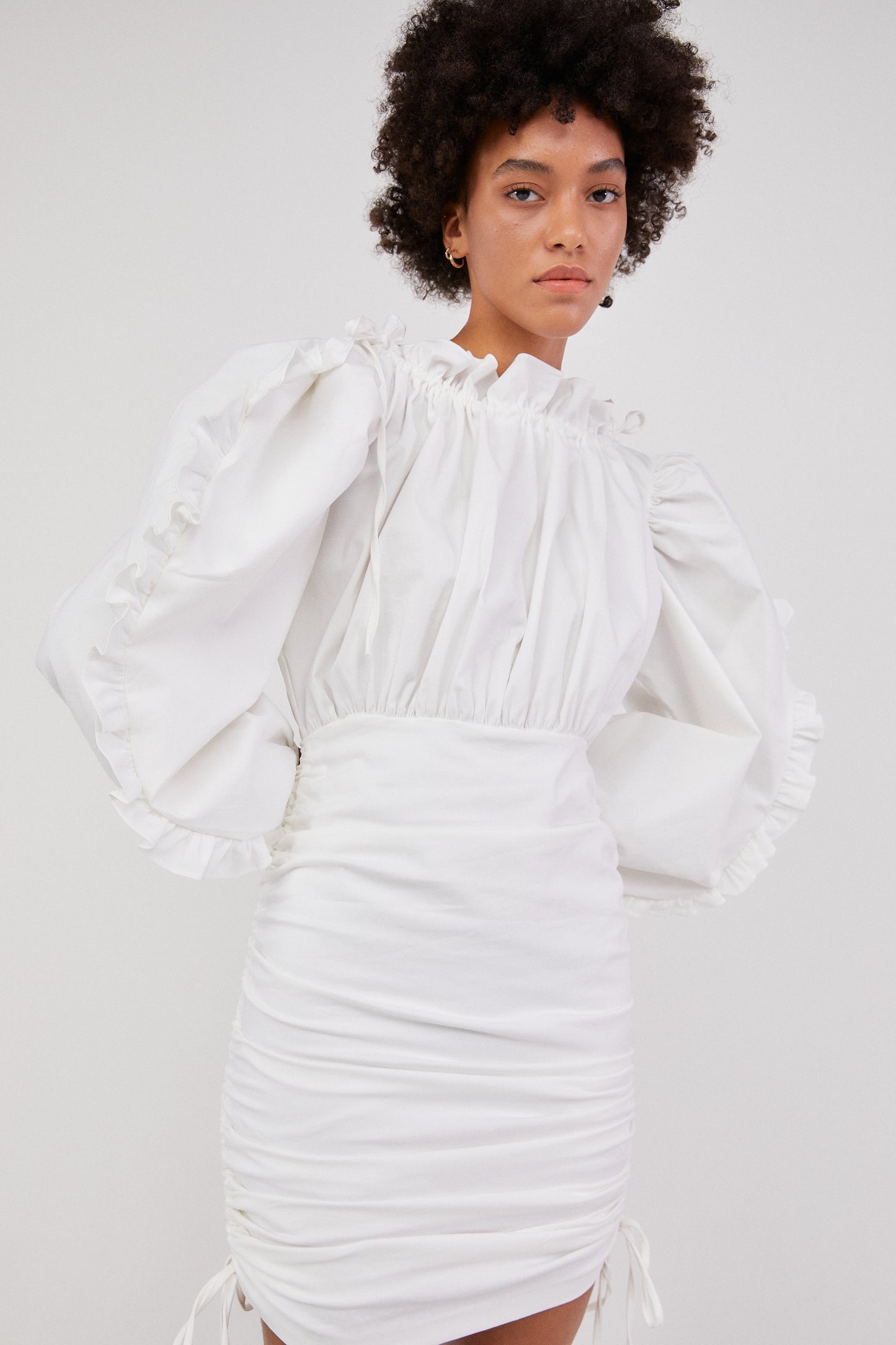 Ruffle Sleeve Drawstring Dress, White