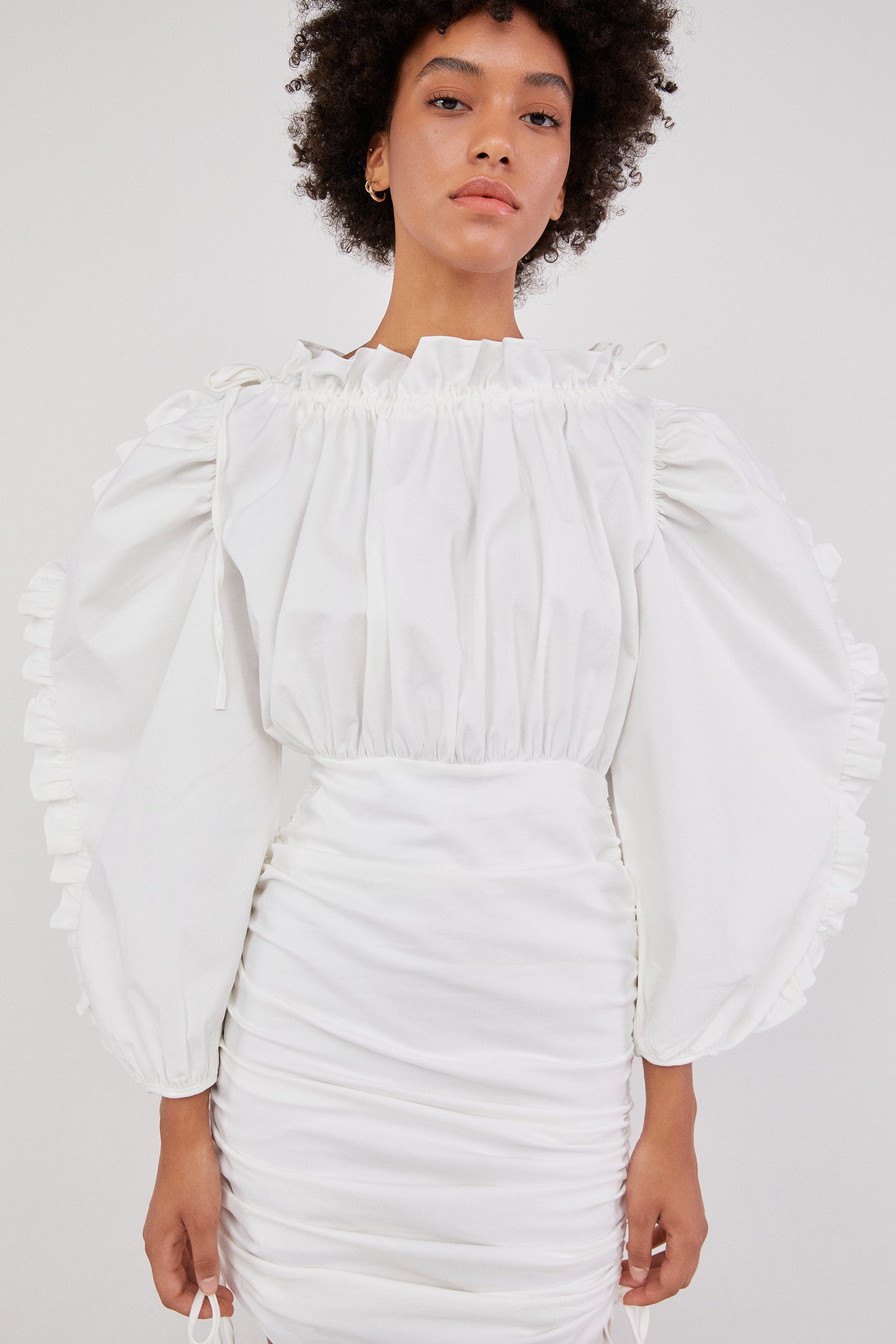 Ruffle Sleeve Drawstring Dress, White