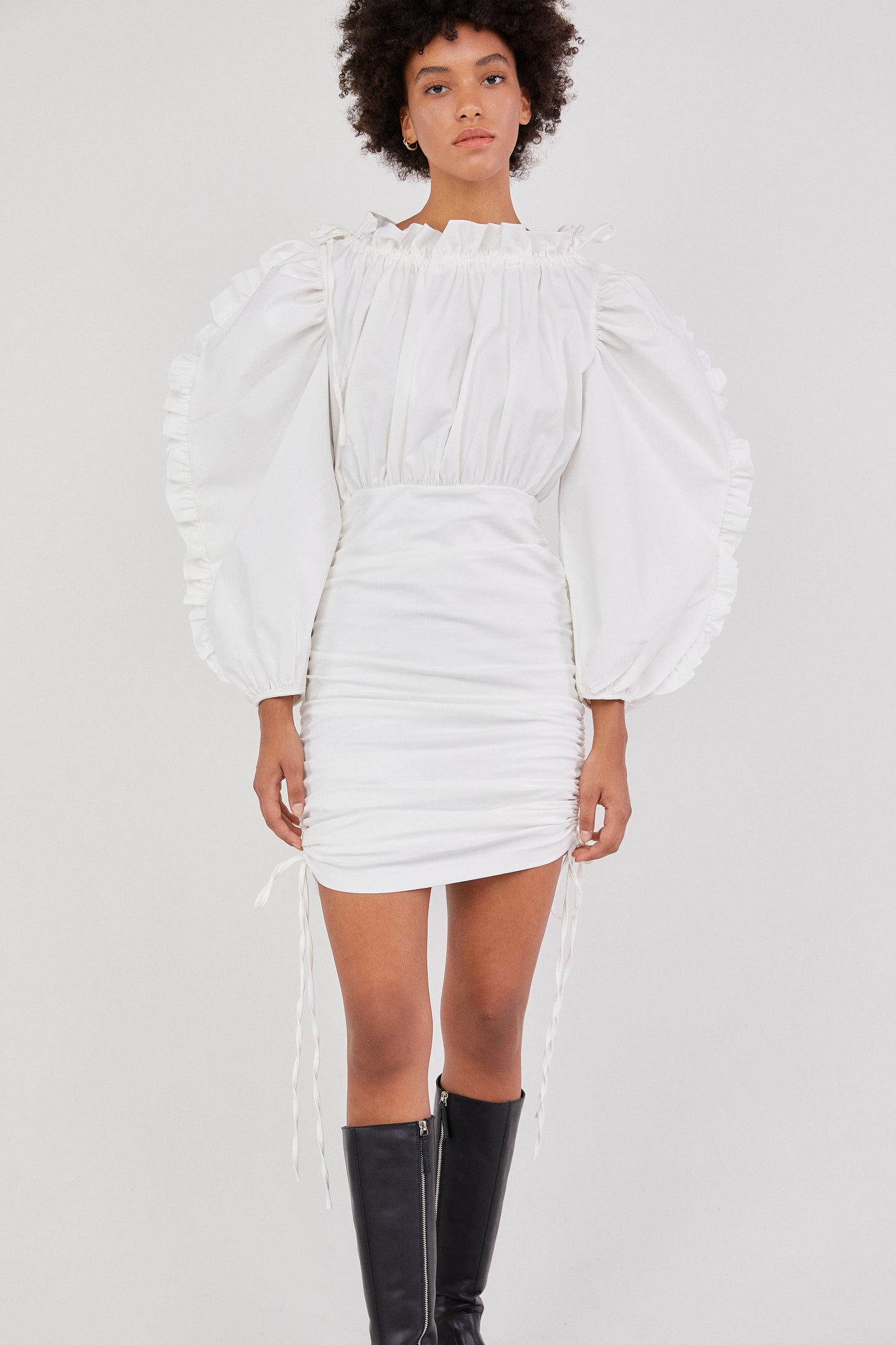 Ruffle Sleeve Drawstring Dress, White