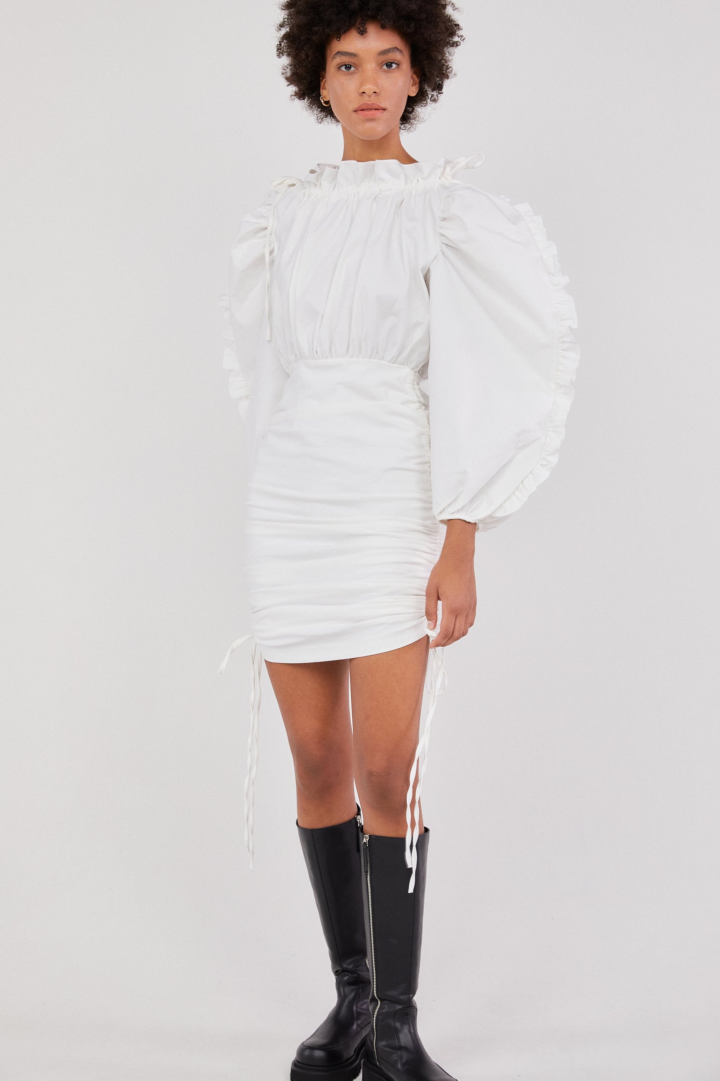 Ruffle Sleeve Drawstring Dress, White