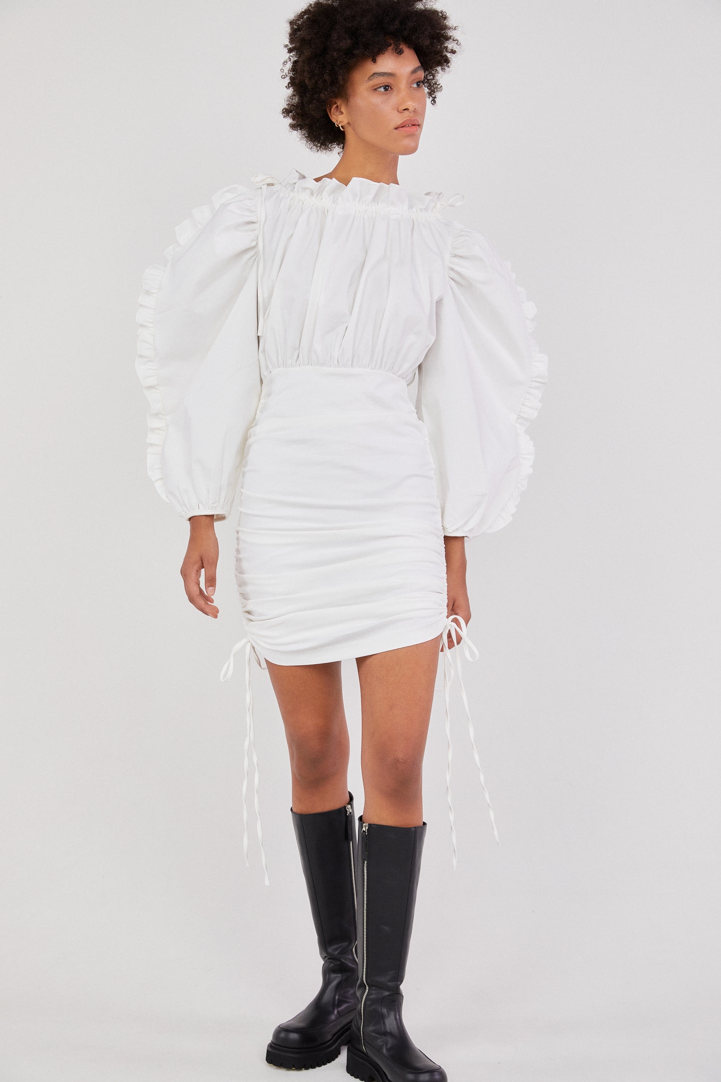 Ruffle Sleeve Drawstring Dress, White