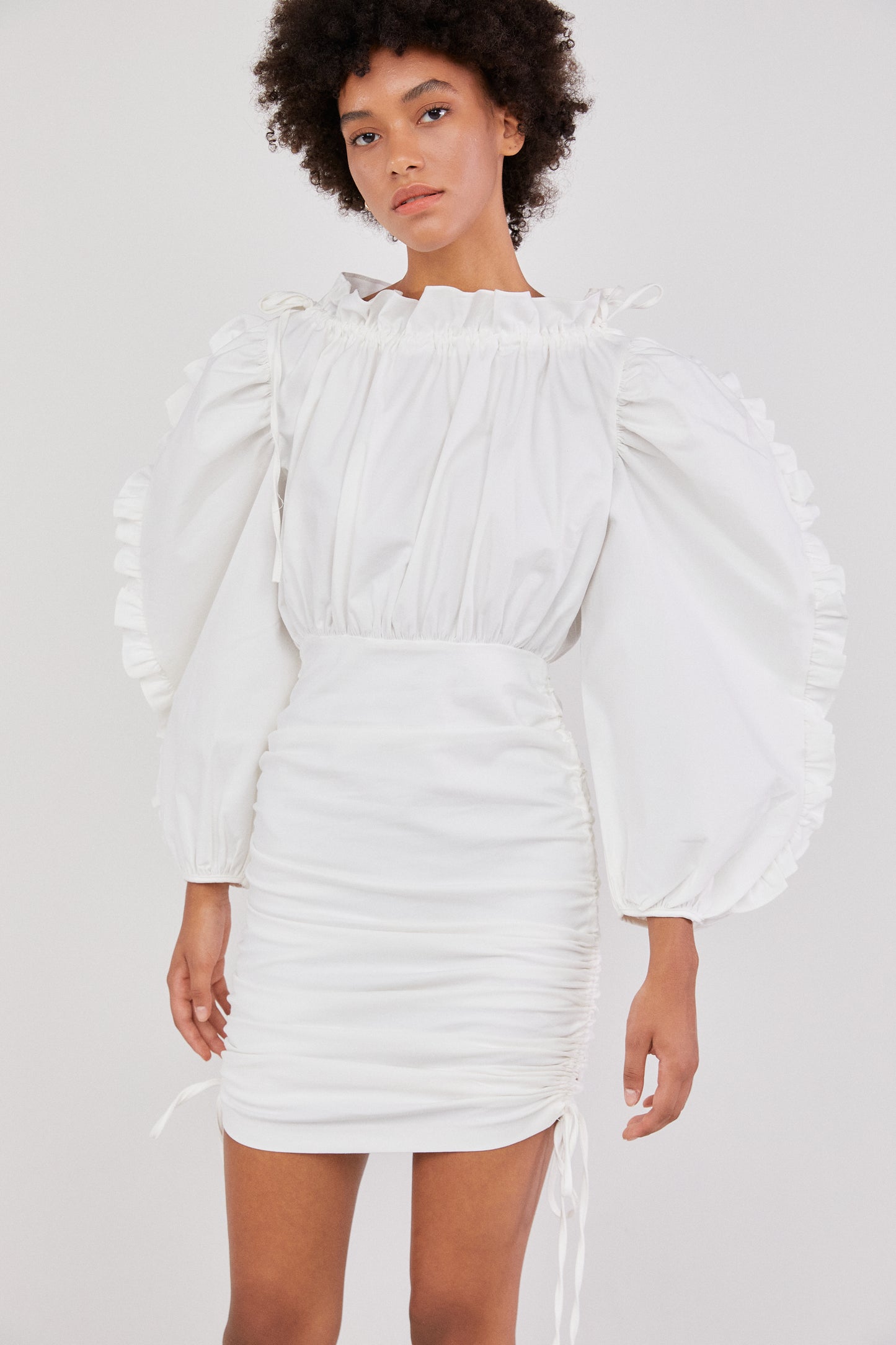 Ruffle Sleeve Drawstring Dress, White