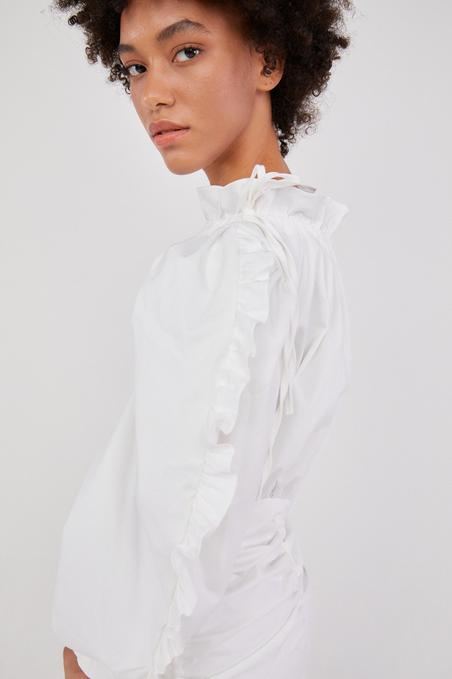 Ruffle Sleeve Drawstring Dress, White
