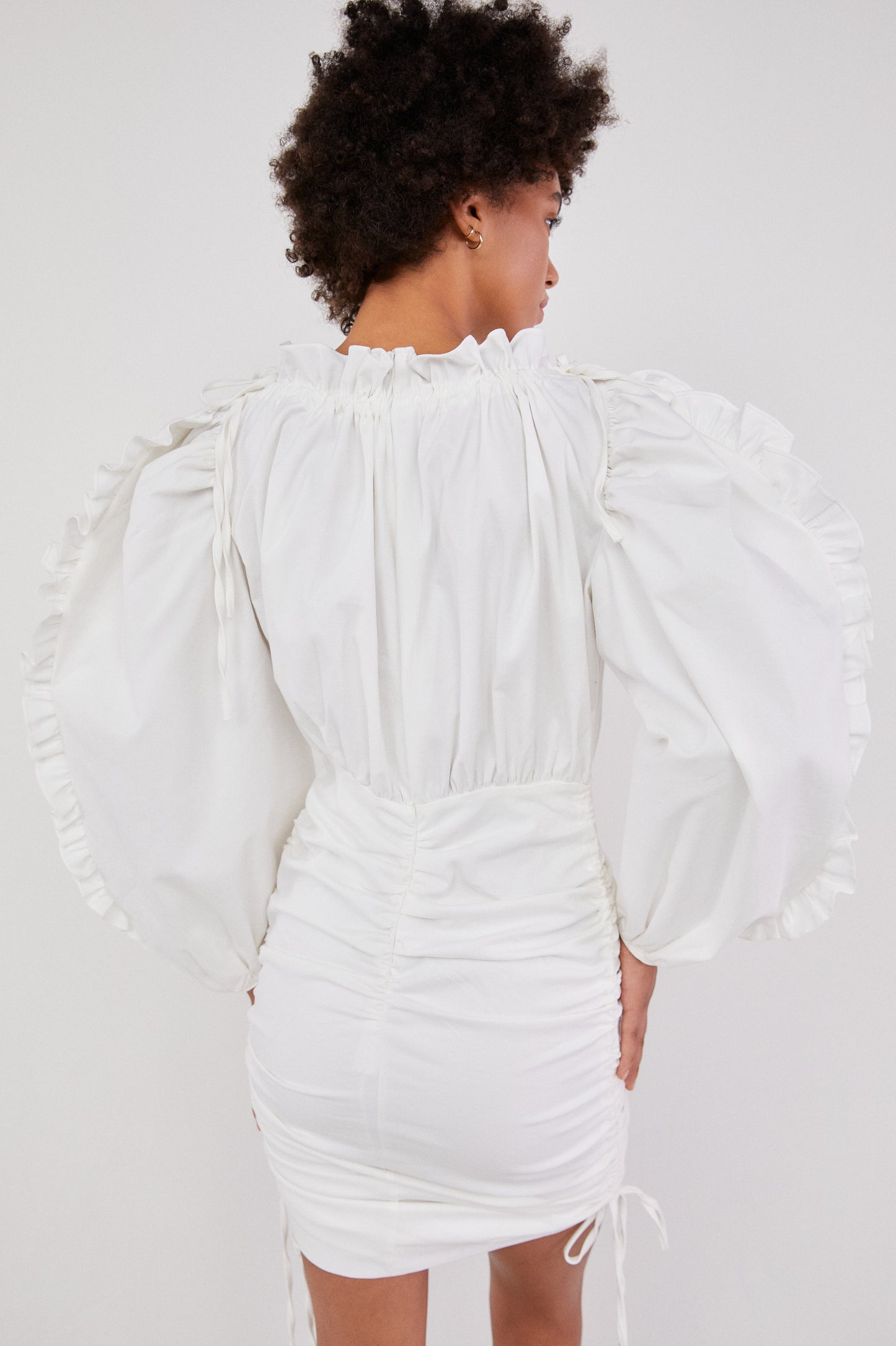 Ruffle Sleeve Drawstring Dress, White