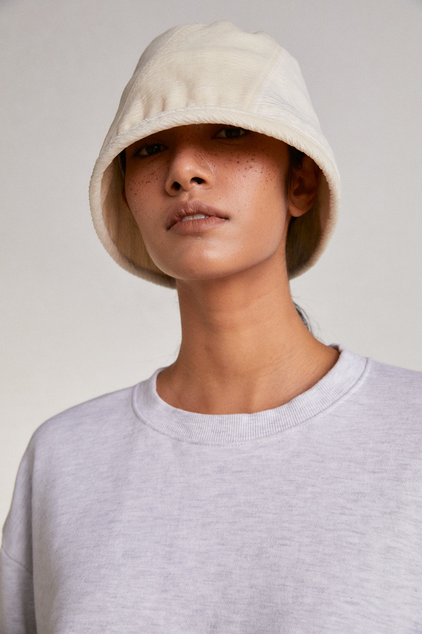 Velvet Pleated Bucket Hat, Ivory