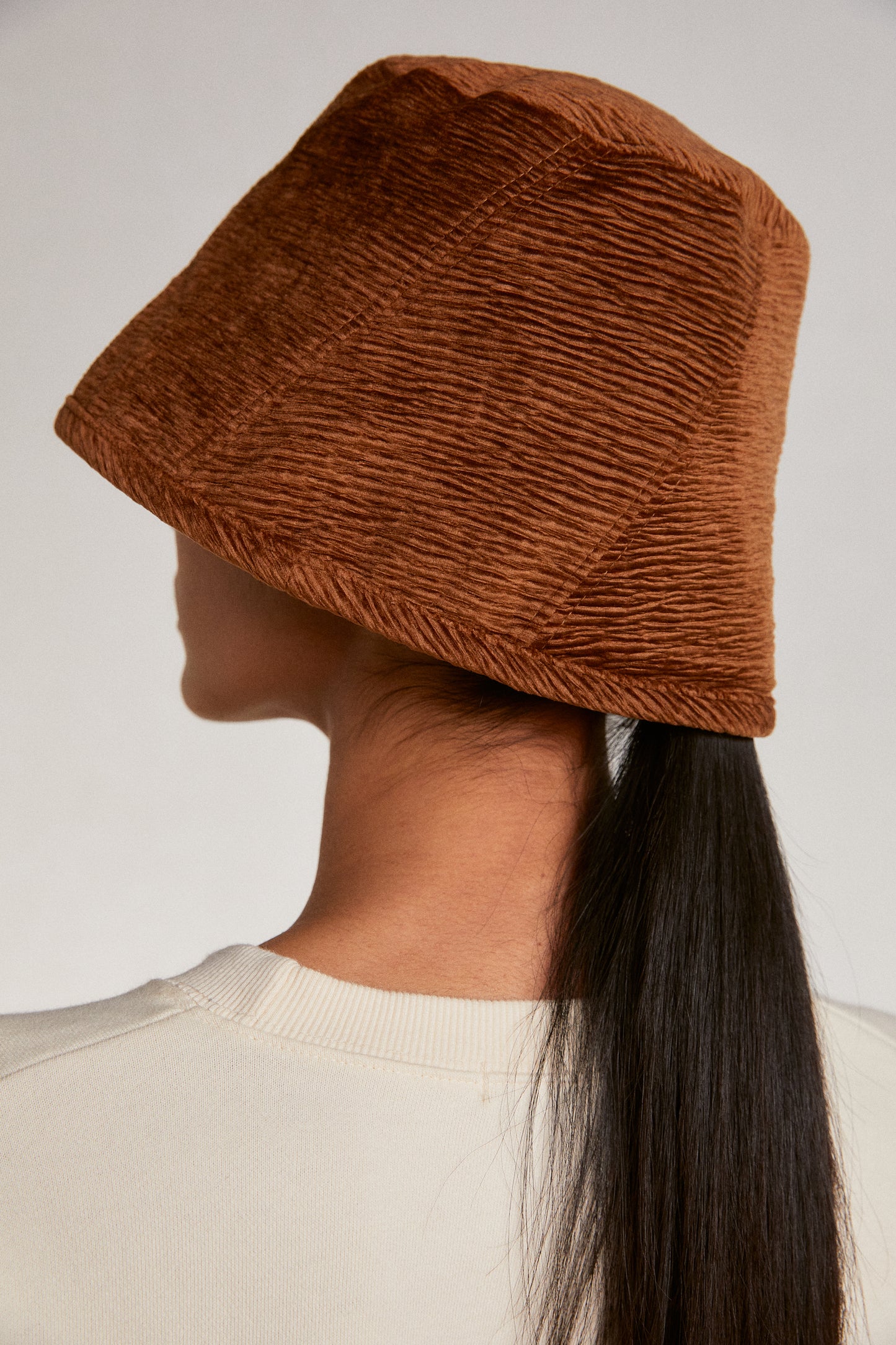 Velvet Pleated Bucket Hat, Amber Brown