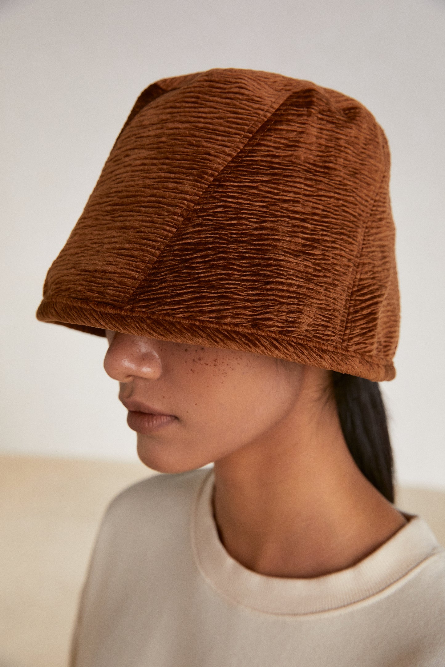 Velvet Pleated Bucket Hat, Amber Brown