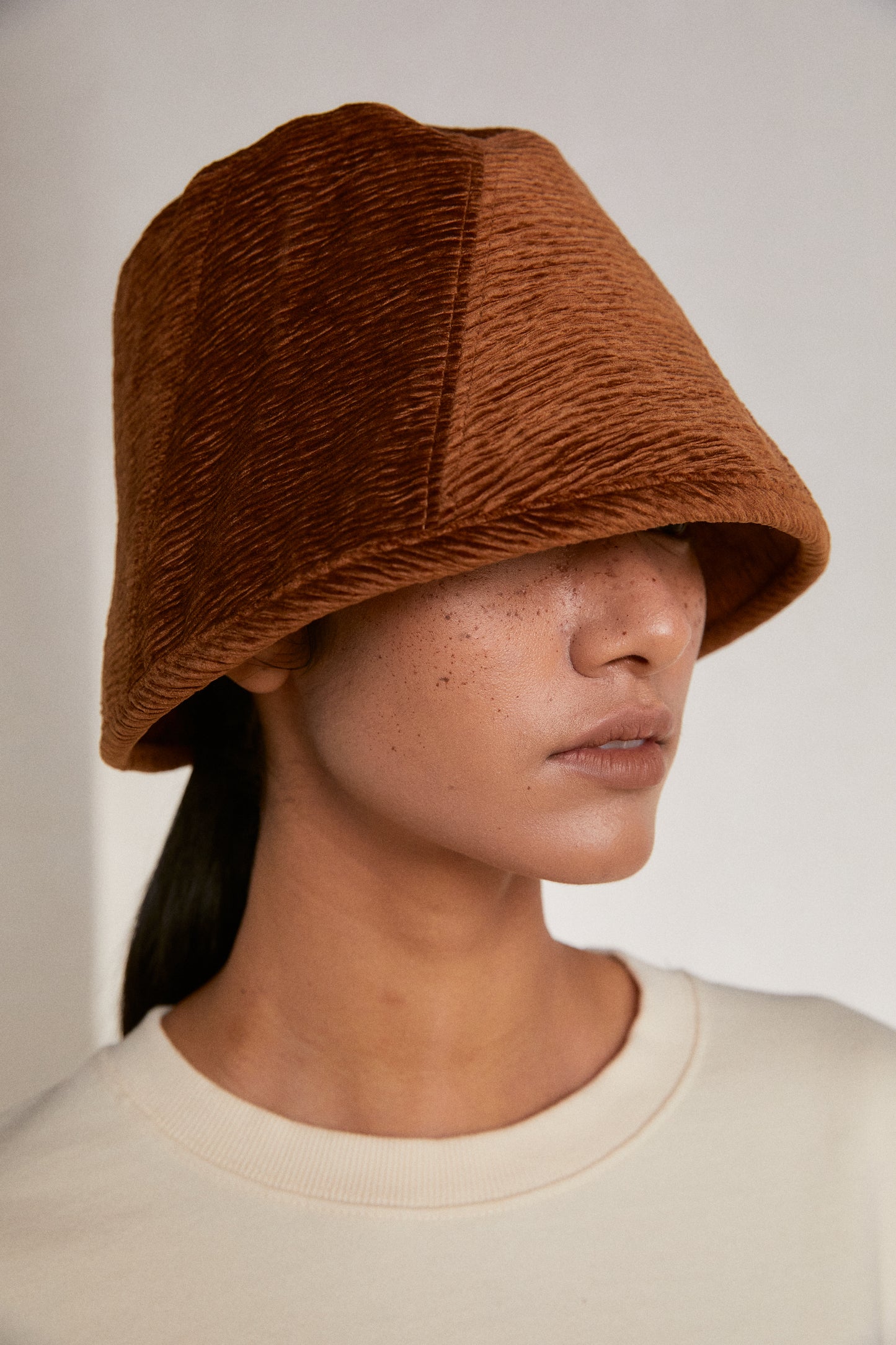 Velvet Pleated Bucket Hat, Amber Brown