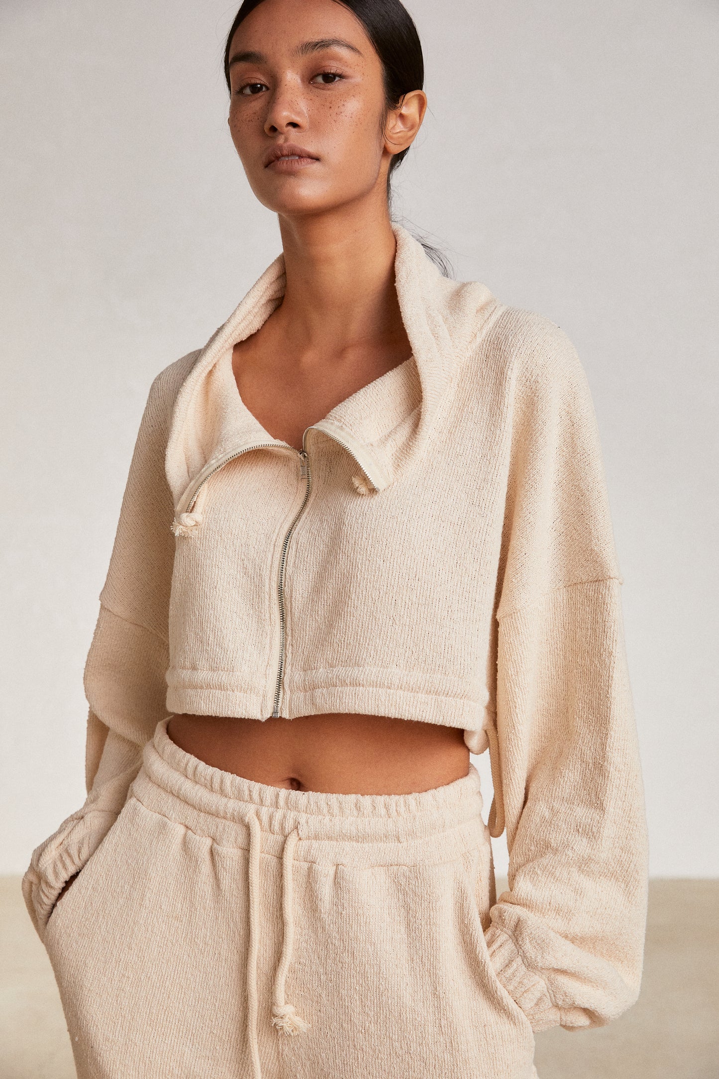 Terry Knit Crop Zip Up Sweatshirts, Ivory