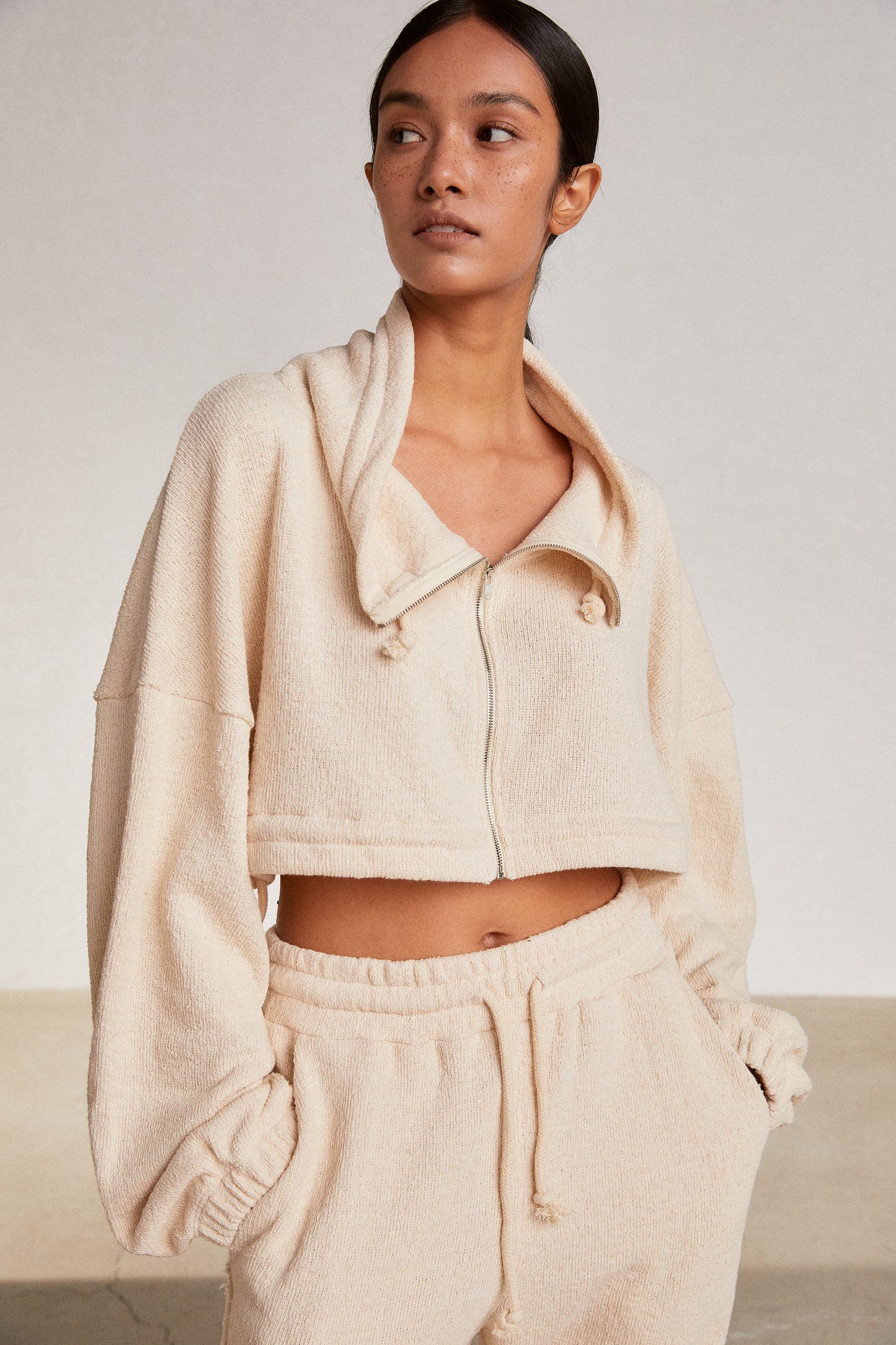 Terry Knit Crop Zip Up Sweatshirts, Ivory
