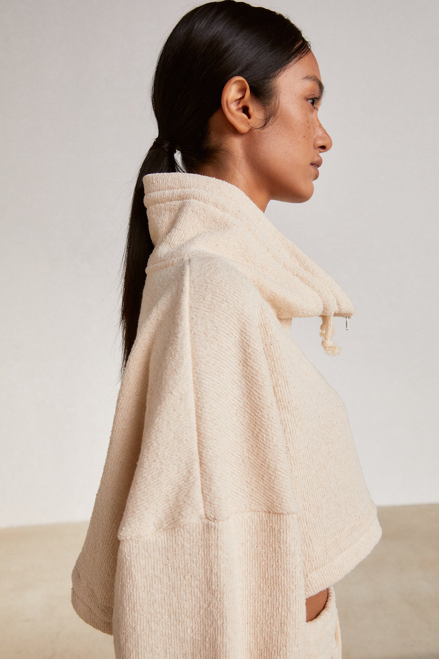 Terry Knit Crop Zip Up Sweatshirts, Ivory