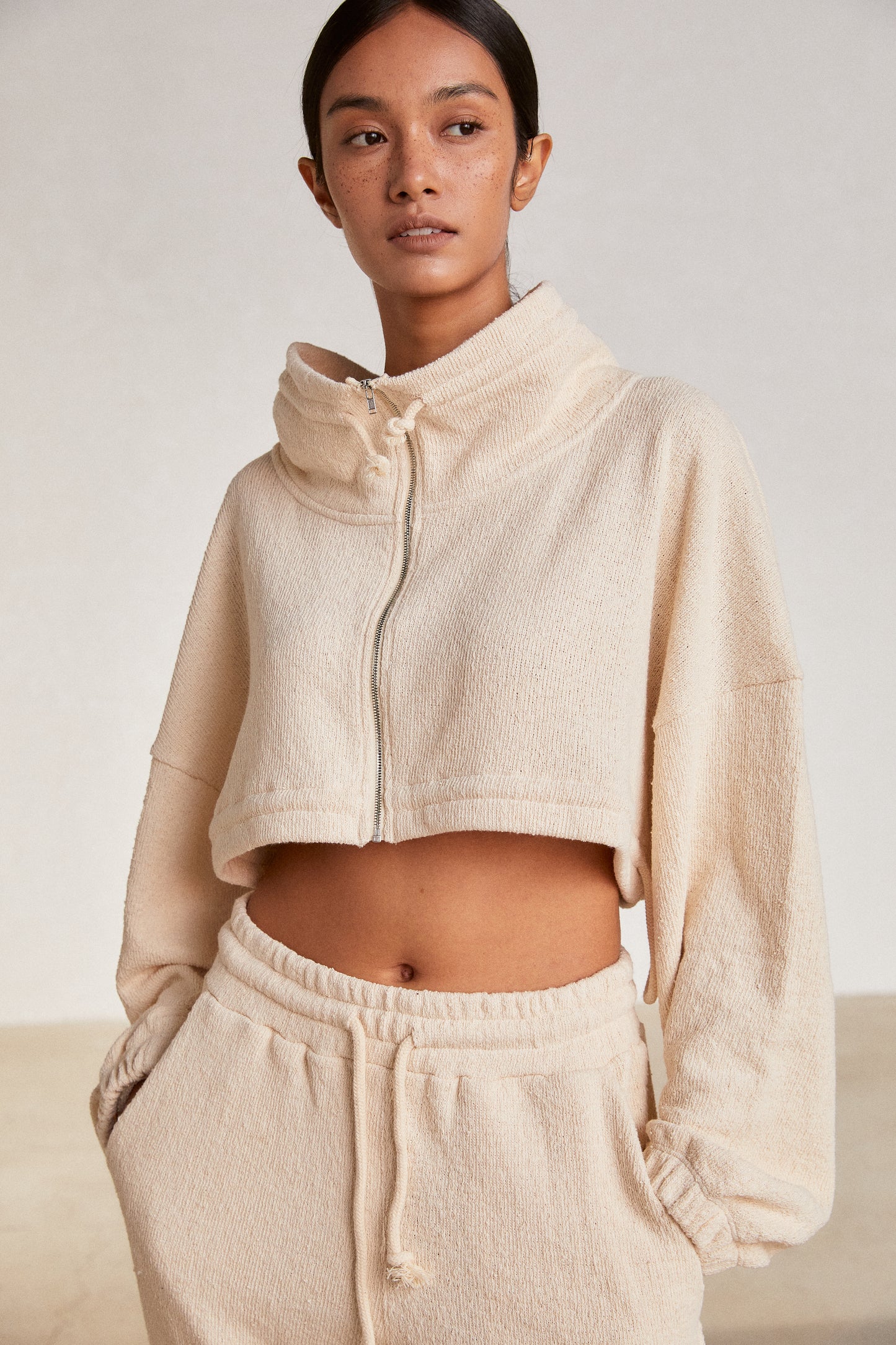 Terry Knit Crop Zip Up Sweatshirts, Ivory