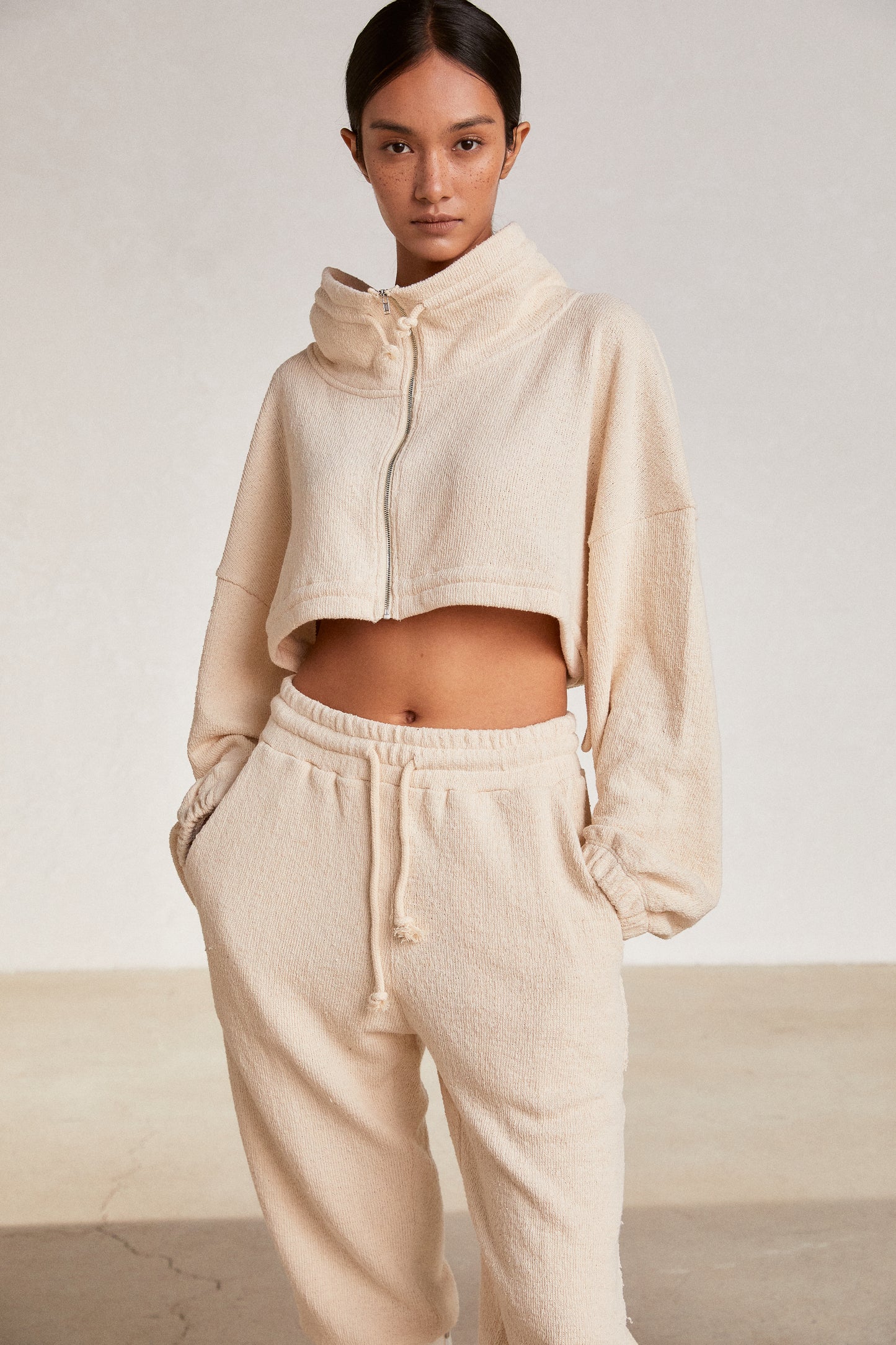 Terry Knit Crop Zip Up Sweatshirts, Ivory