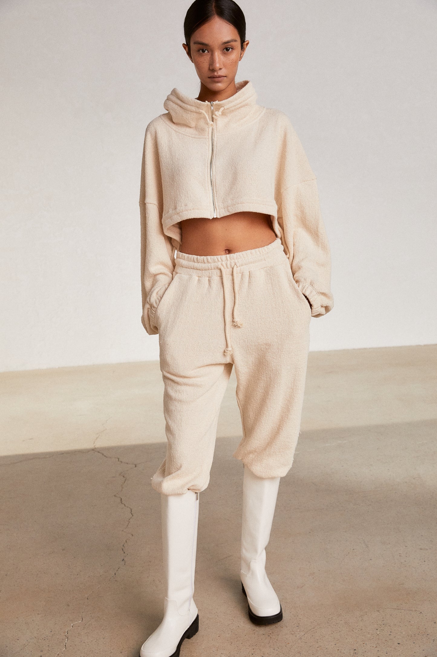 Terry Knit Crop Zip Up Sweatshirts, Ivory