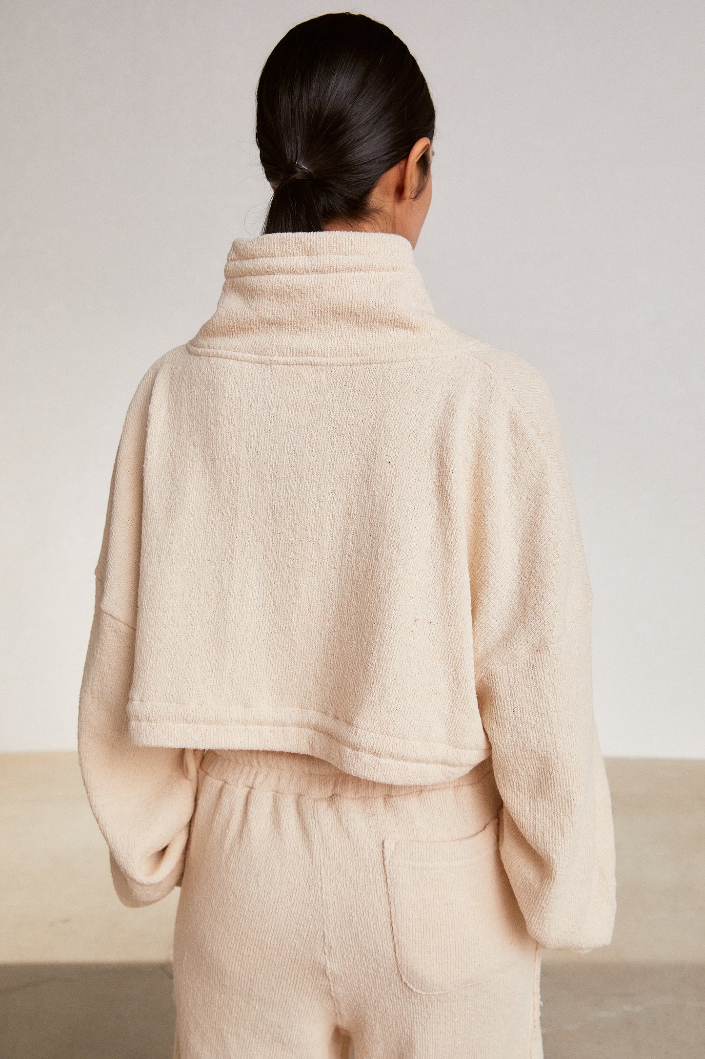 Terry Knit Crop Zip Up Sweatshirts, Ivory