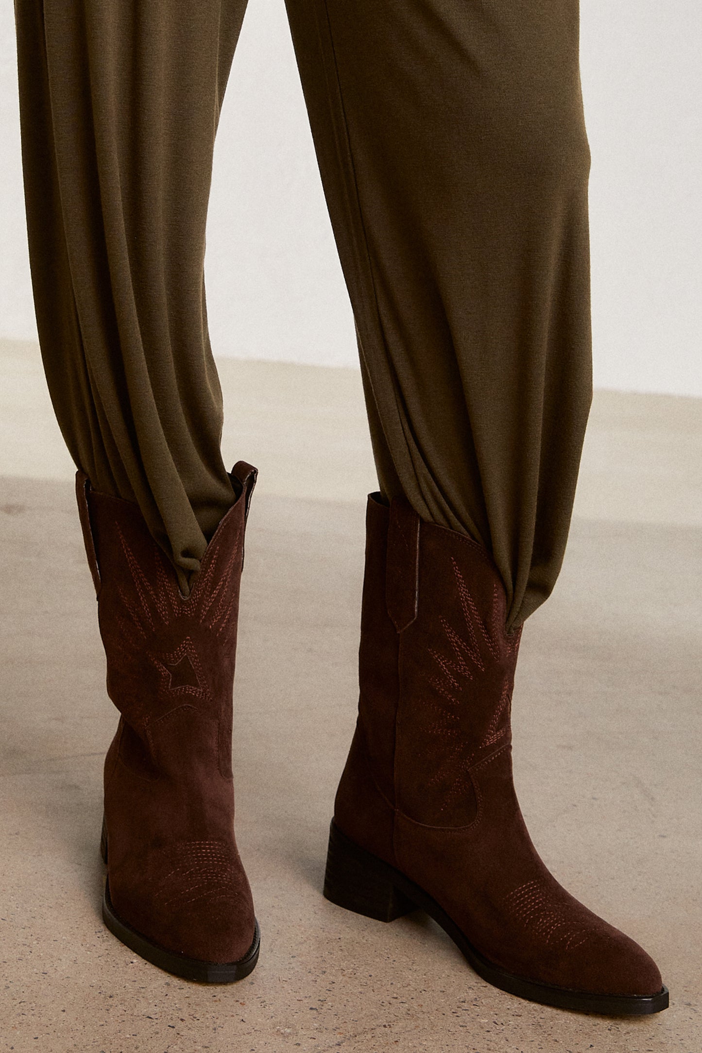 Vegan Suede Western Boots, Dark Brown