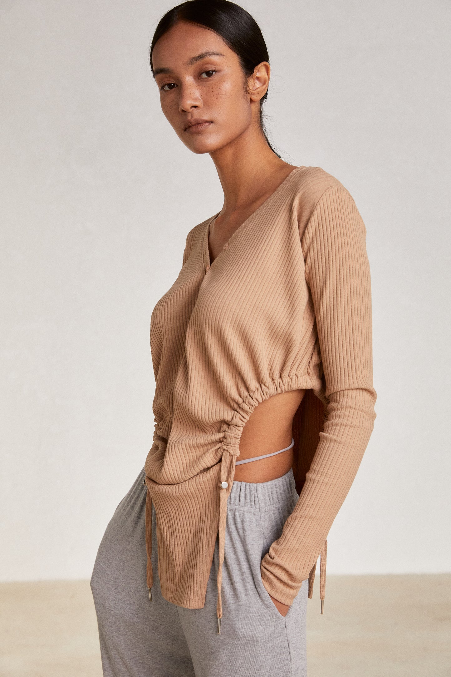 Ruched Side Drawstring Top, Biscuit