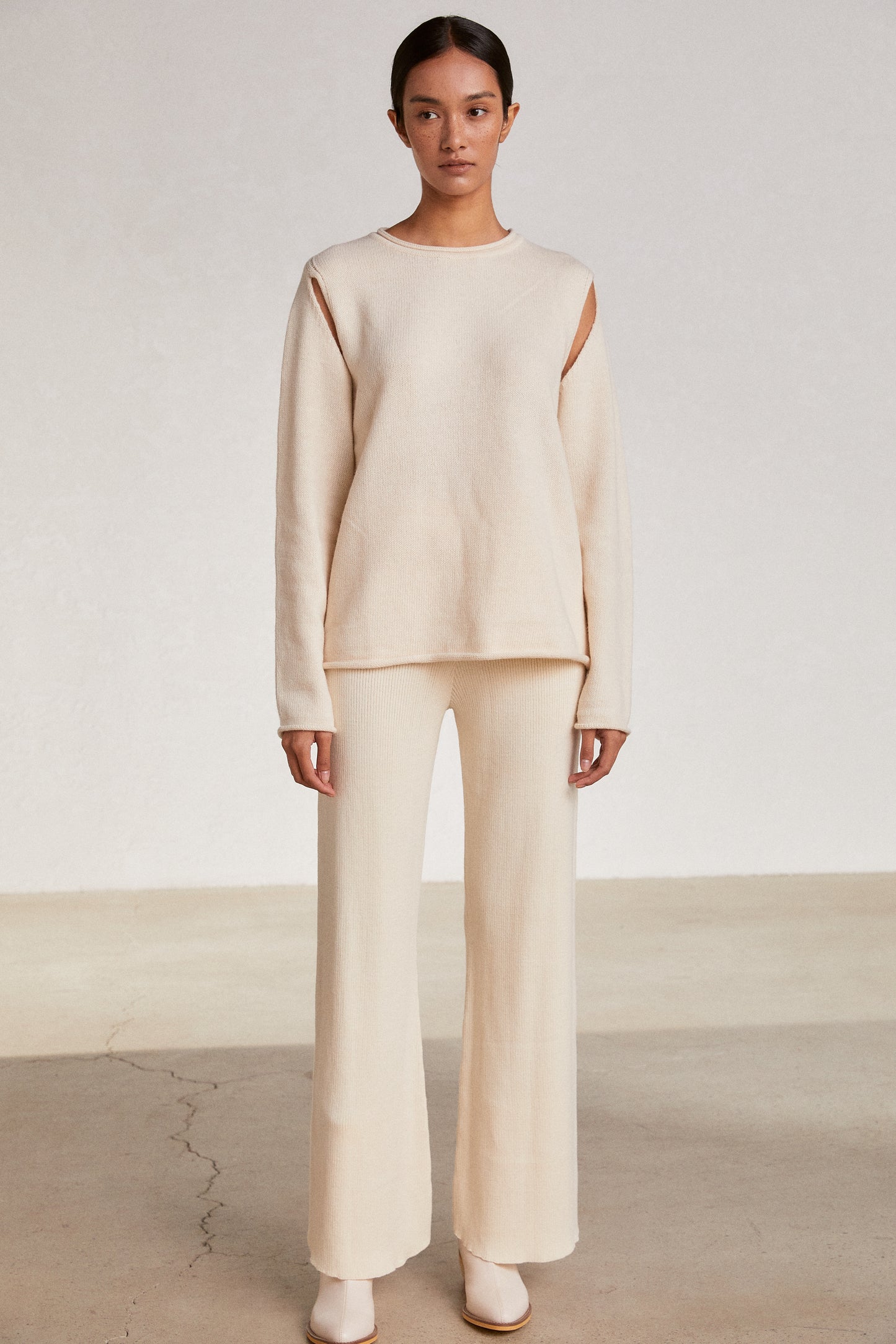 Soft Feel Flared Knit Pants, Cream