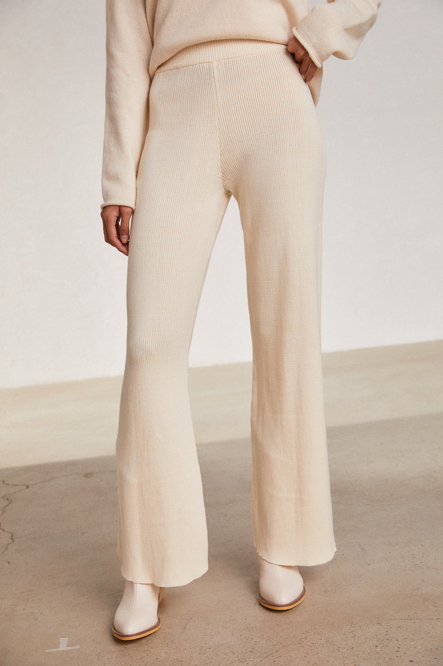Soft Feel Flared Knit Pants, Cream