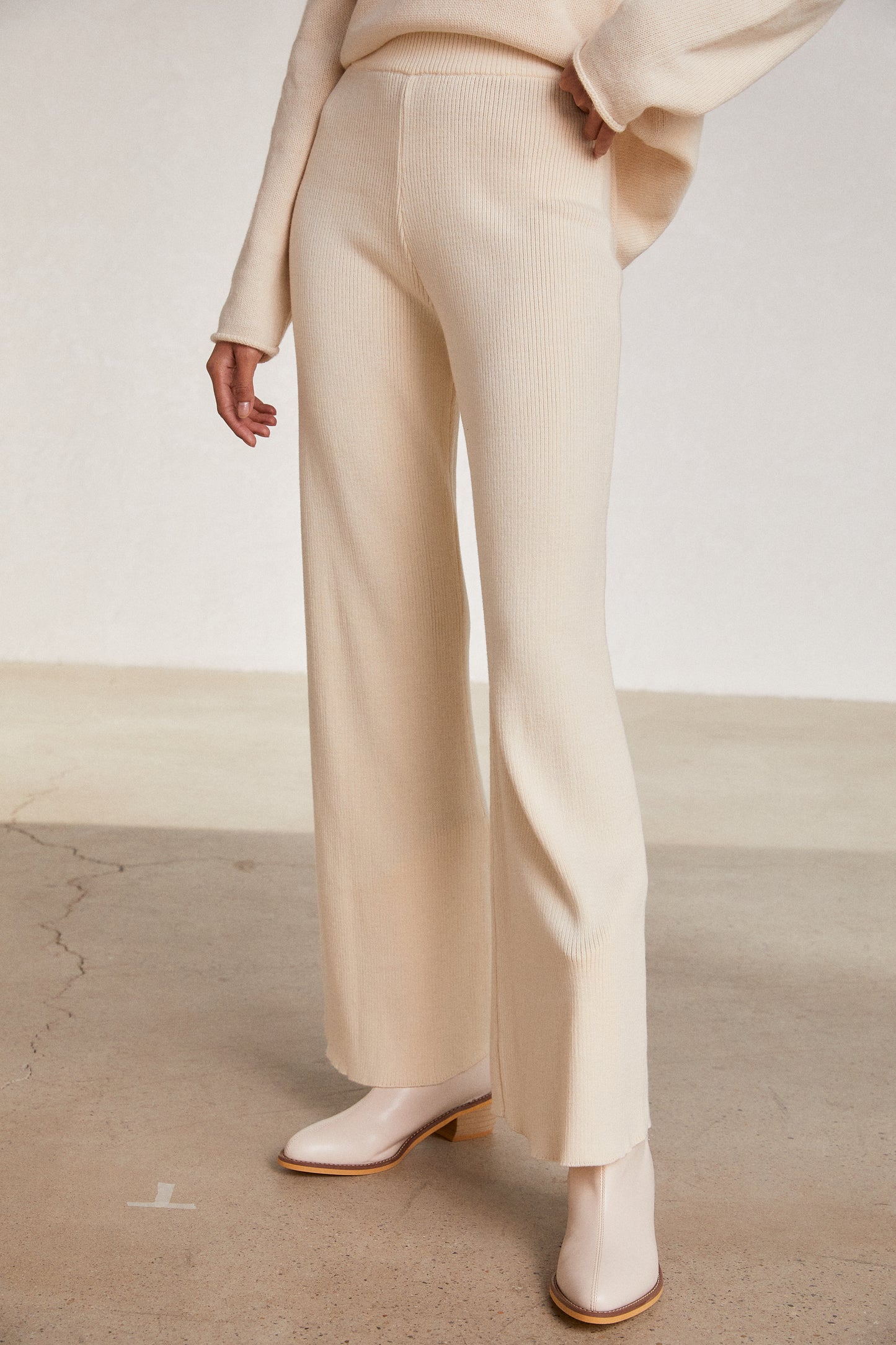 Soft Feel Flared Knit Pants, Cream