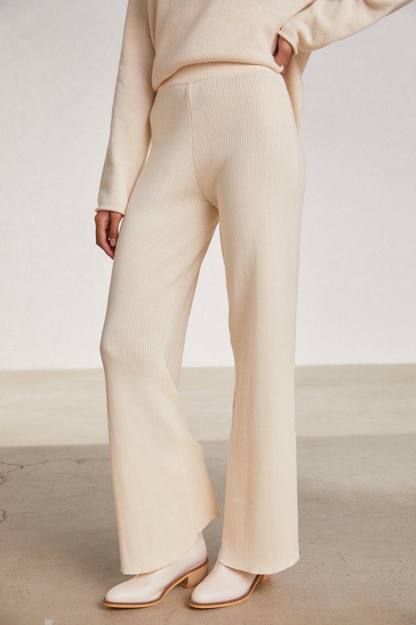 Soft Feel Flared Knit Pants, Cream