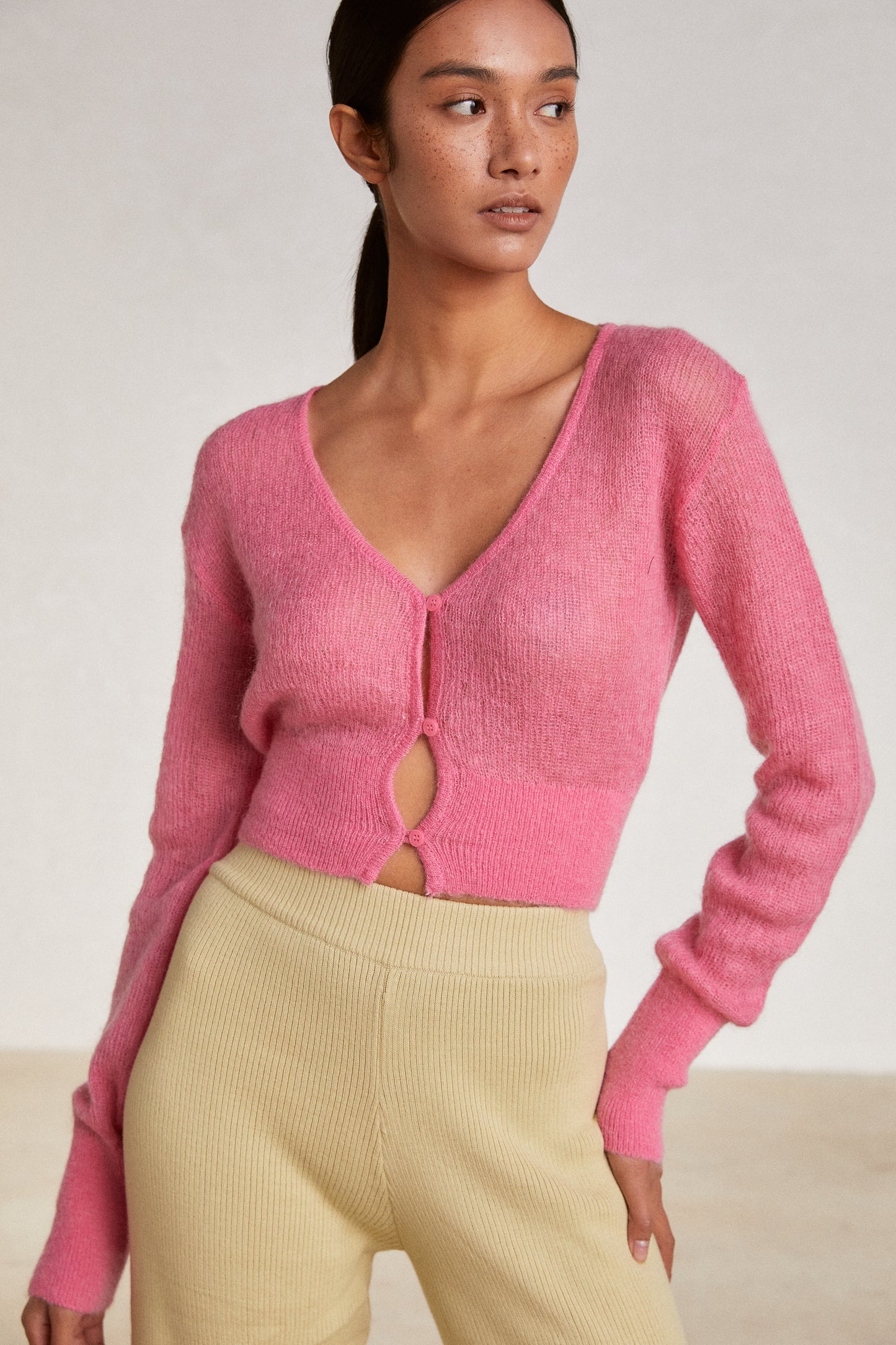 Fuzzy Crop Mohair Cardigan, Bubblegum Pink