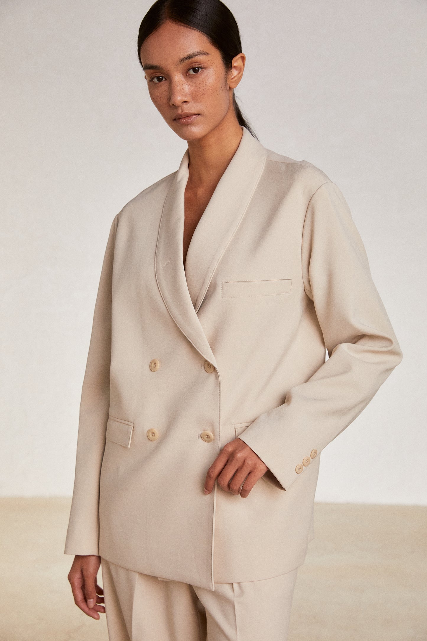 Boxy Suit Blazer Jacket, Cream Beige