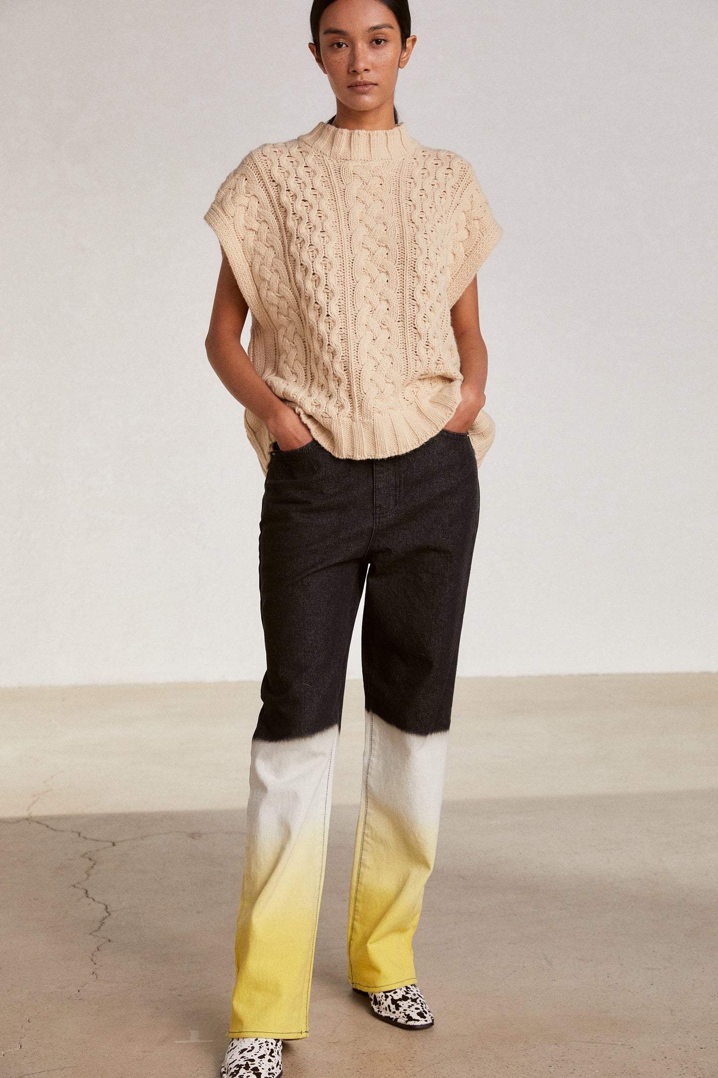 Triple Color Dip Dye Jeans, Black & Yellow
