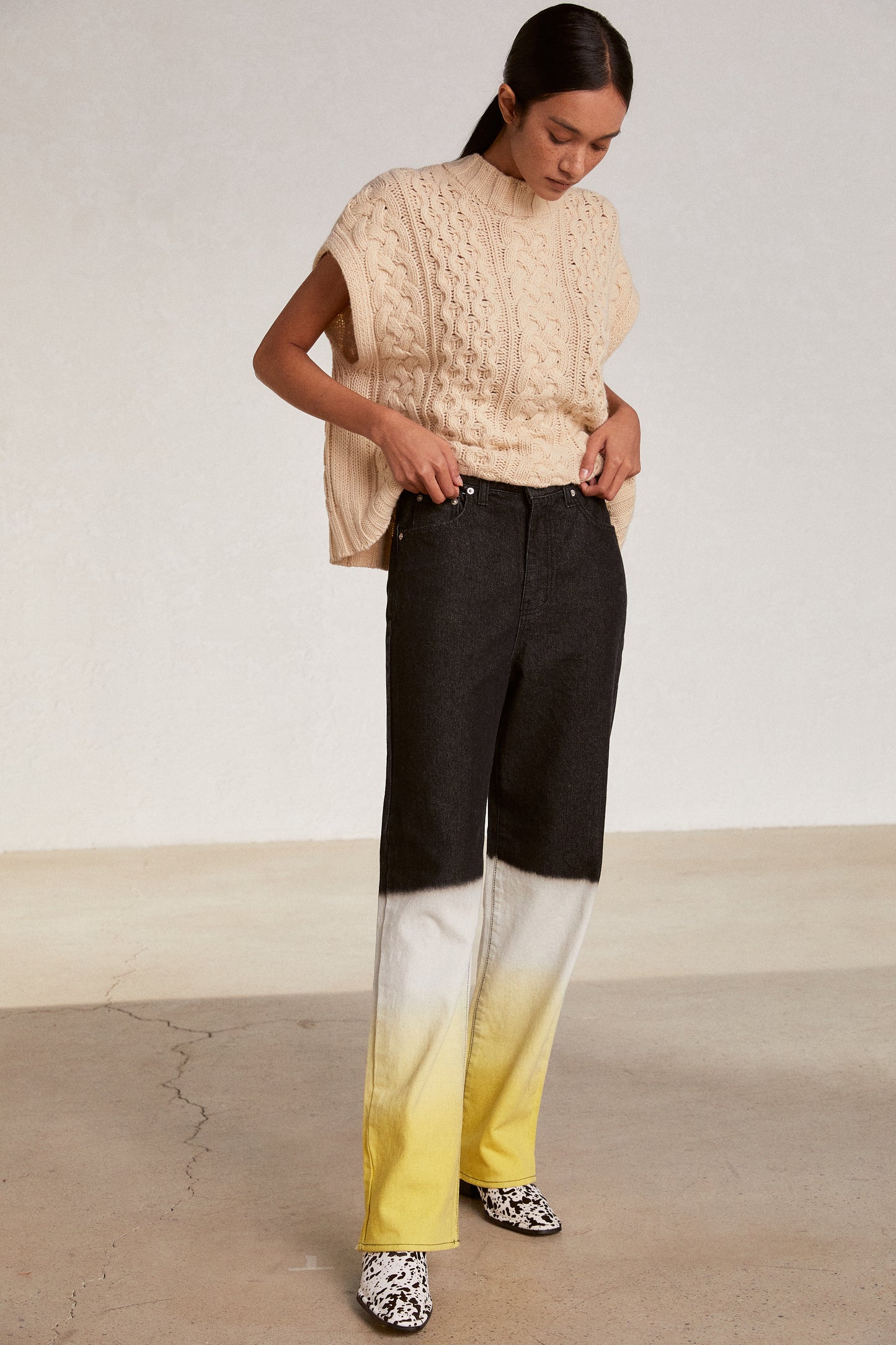 Triple Color Dip Dye Jeans, Black & Yellow