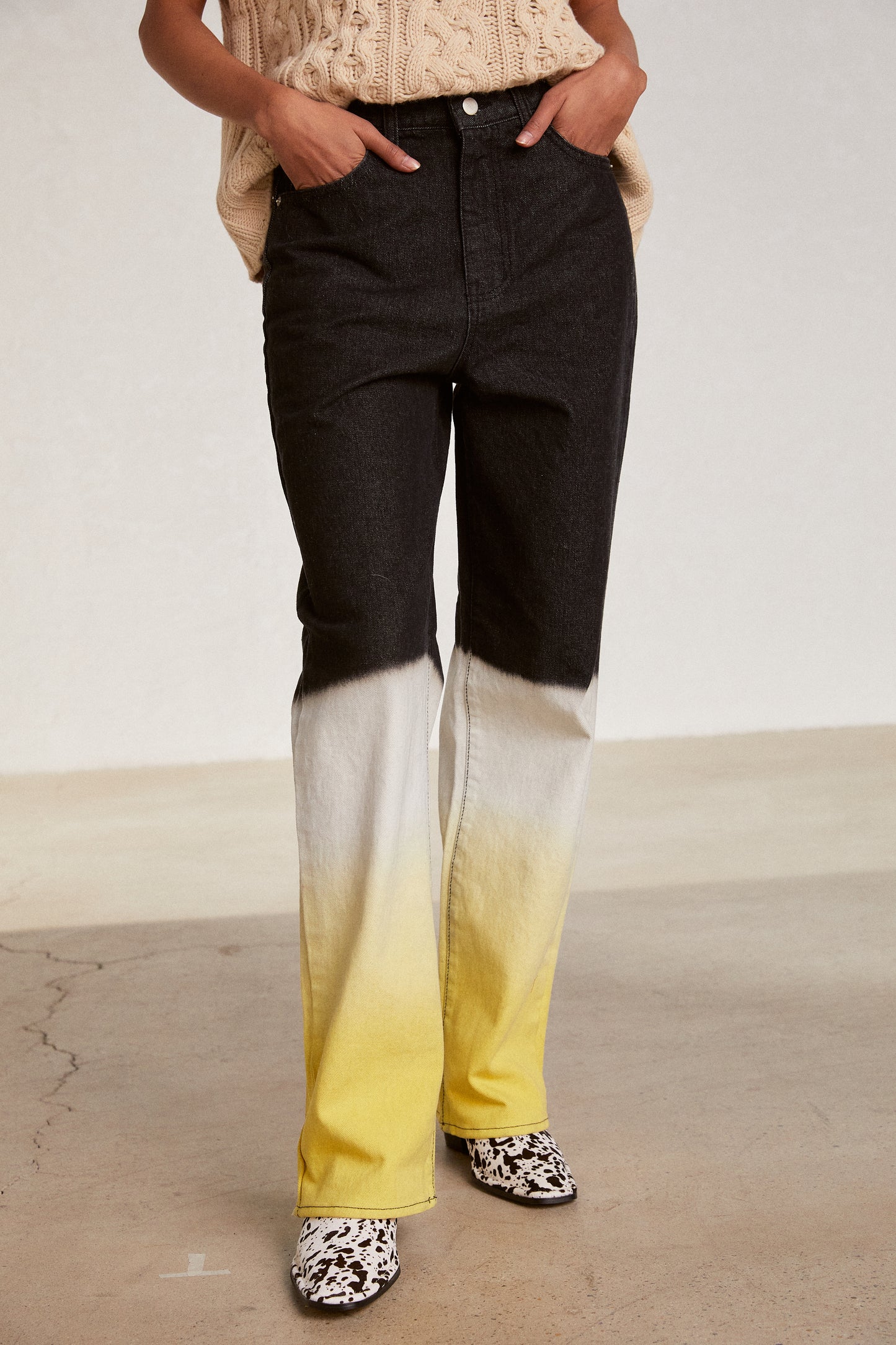 Triple Color Dip Dye Jeans, Black & Yellow