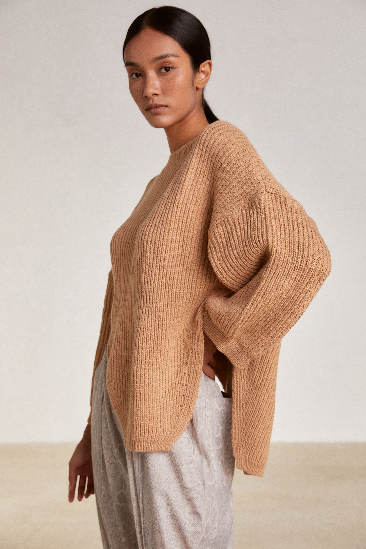 High Low Sculpted Sweater, Orange Beige